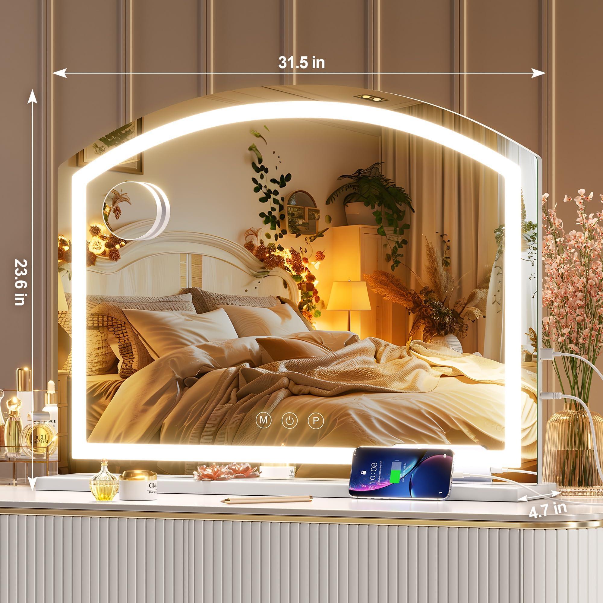 Hasipu Arch Vanity Mirror with Light, Arched Led Makeup Mirror with 10X Magnification, Tabletop Desk Mirror with USB Charging Port, Dimmable 3 Colors Mode, 32" x 24" Inch - Image 2