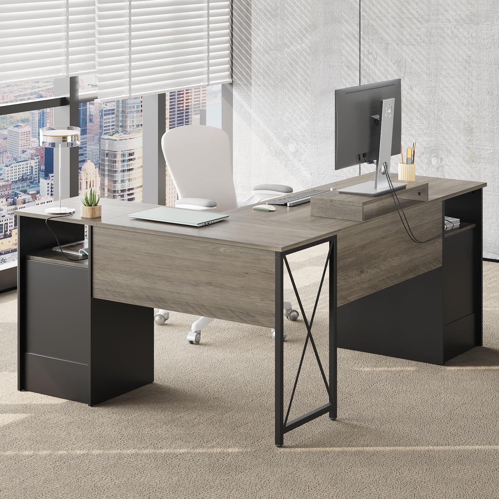 Bestier L Shaped Desk with 4 Drawers, 63" x 47" Executive Desk with Open Storage & Monitor Stand, Corner Desk with 2 File Drawers & Modesty Panel for Home Office, Gray - Image 7