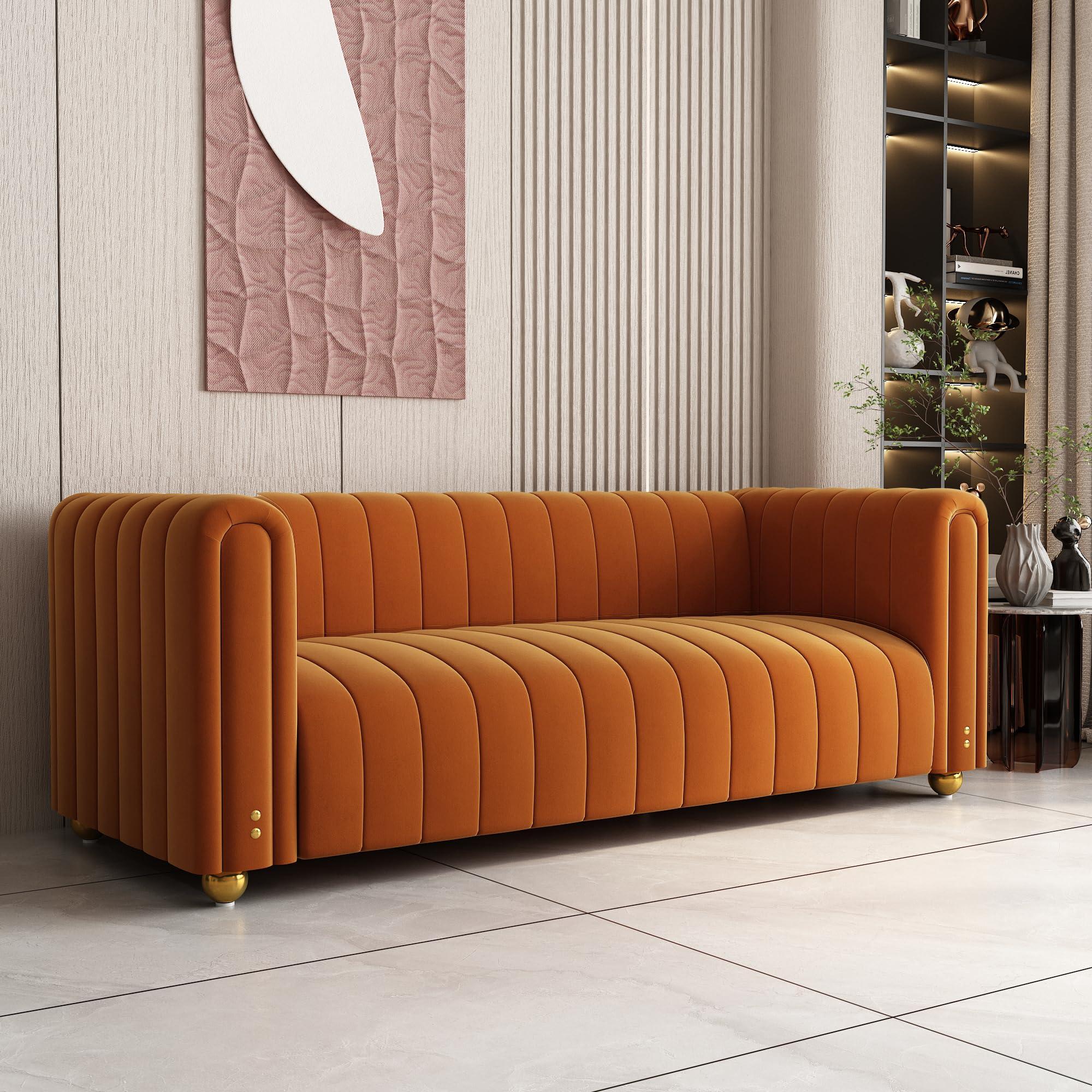 BuLaXong 81" Mid Century Modern Velvet Sofa, Loveseat 3 Seat Comfy Couch for Living Room, Orange Tufted Velvet Couch with Gold Metal Sphere Legs, Luxury Modern Sofa for Room Office Apartment