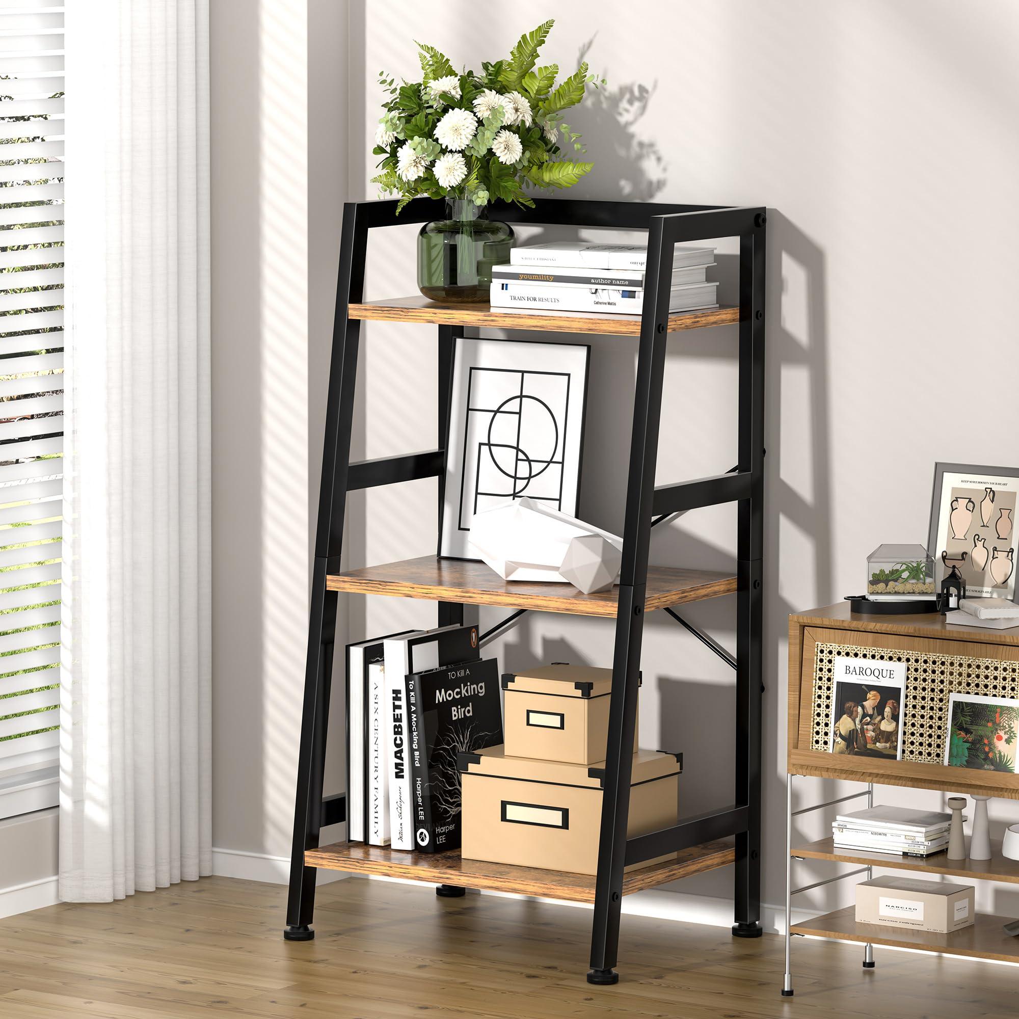 3-Tier Bookshelf, Ladder Shelf, Industrial Bookcase with Steel Frame, Metal Small Bookcase, Stand up Shelves for Living Room, Home Office, Kitchen, Bedroom, Industrial Style（Rustic Brown & Black） - Image 2