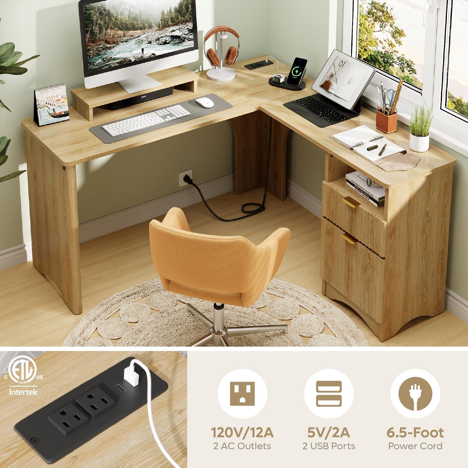Bestier L Shaped Desk with Lift Desktop, 55 inch Corner Desk with Fluted Panel Deisgn Drawers, Modern Office Desk with File Drawer (Natual Oak, 55'' x 55'' Lift Top) - Image 6