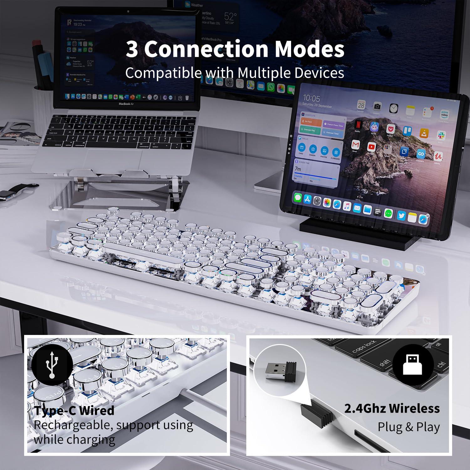 TK950 Wireless Typewriter Keyboard and Mouse Combo,104 Keys Retro Typewriter Mechanical Keyboard with White Backlit, Anti-Ghosting, Blue Switch, Bluetooth/2.4G/Wired Cute Gaming Keyboards-White - Image 3