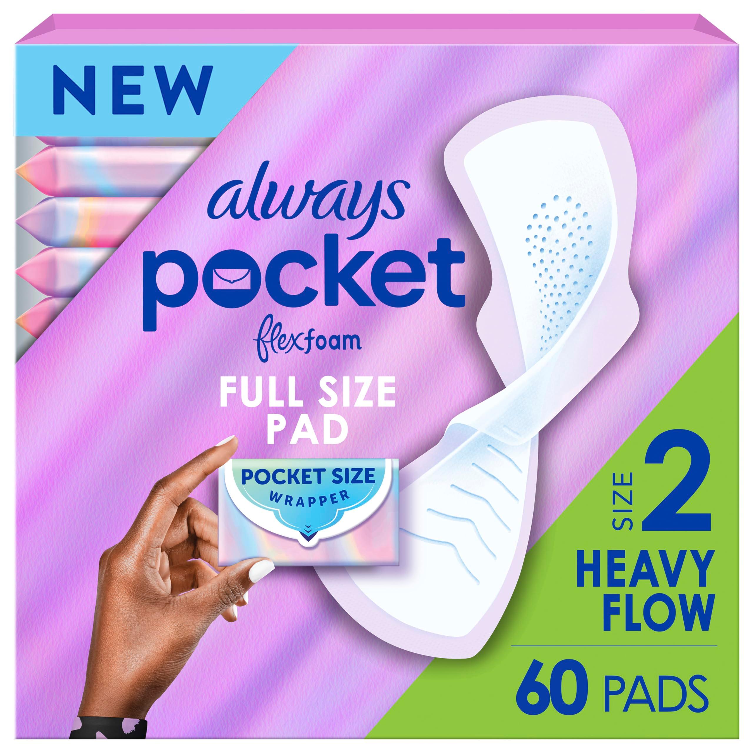 Always Pocket Feminine Pads for Women with FlexFoam, Size 2, Heavy Flow, with Wings, Unscented, 60 Count