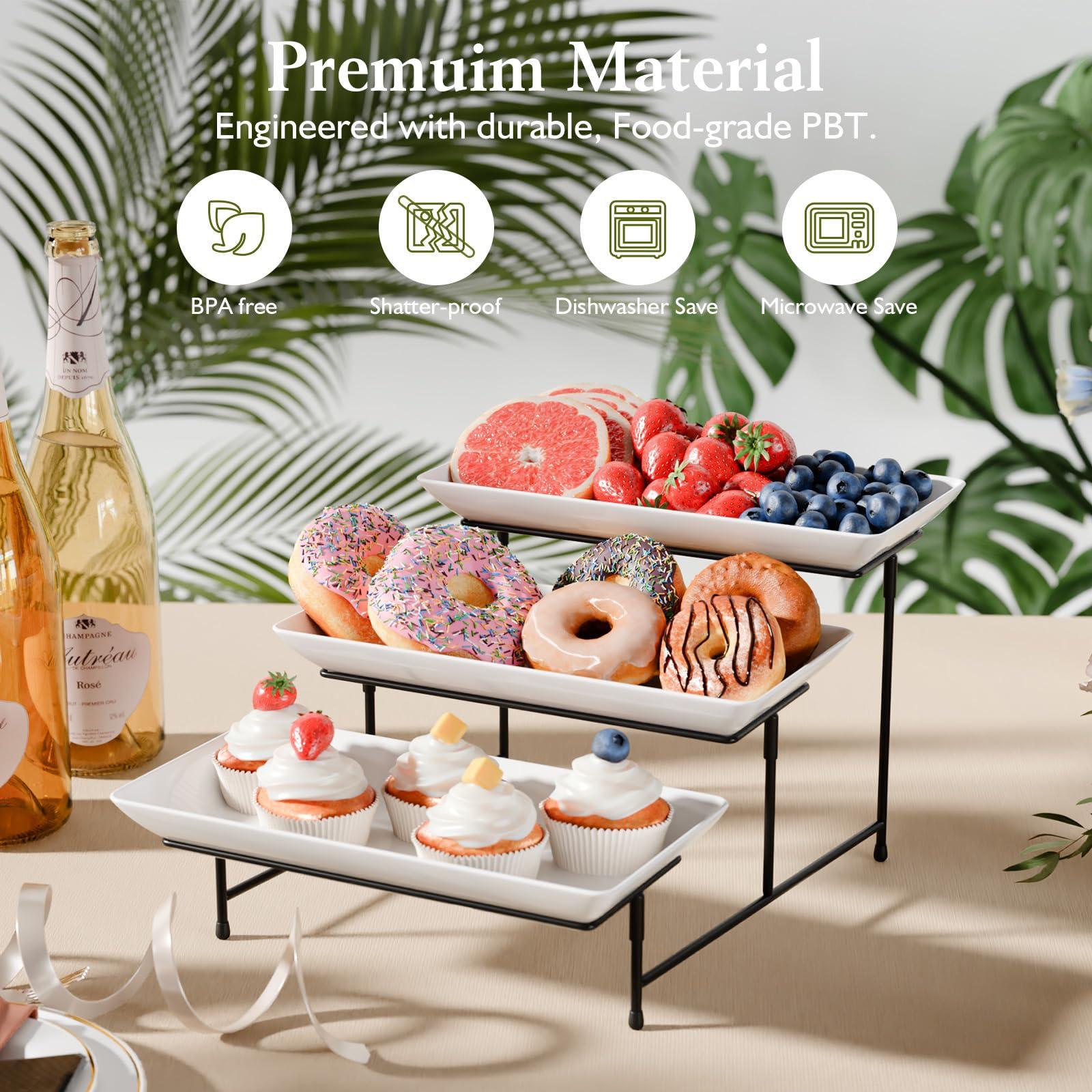 3 Tier Plastic Serving Tray for Party, 11.5" x 5.6" Platters for Serving Food, Microwave-Safe, White Reusable Trays with Black Metal Display Stand for Cupcakes, Sevring Food, Dessert, Fruit, Black - Image 4