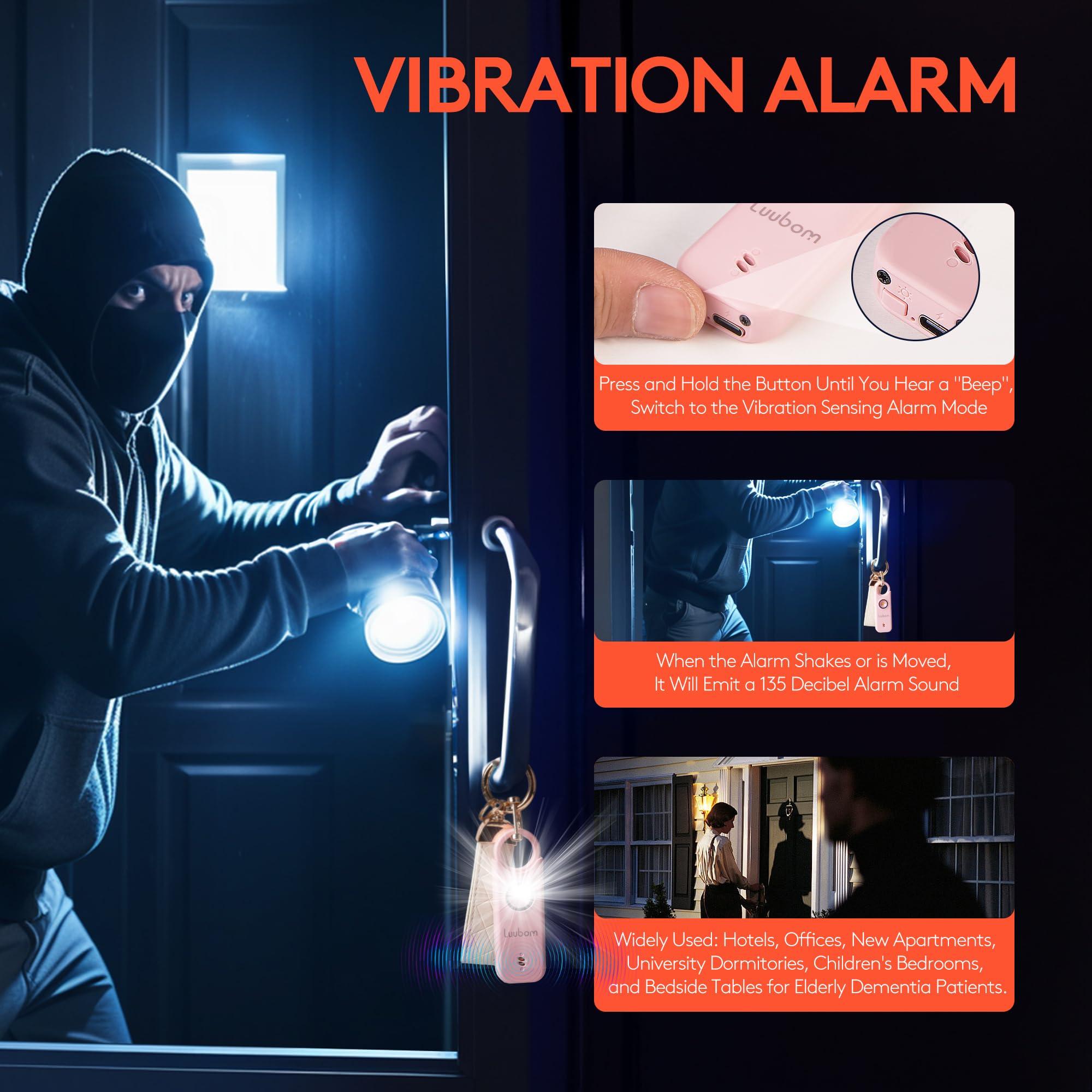 Luubom Rechargeable Personal Safety Alarm for Women with Keychain, SOS Strobe Light, Vibration Sensor Auto-Alarm, Self Defense Loud Siren 135dB for Kids Elderly, Pink - Image 3