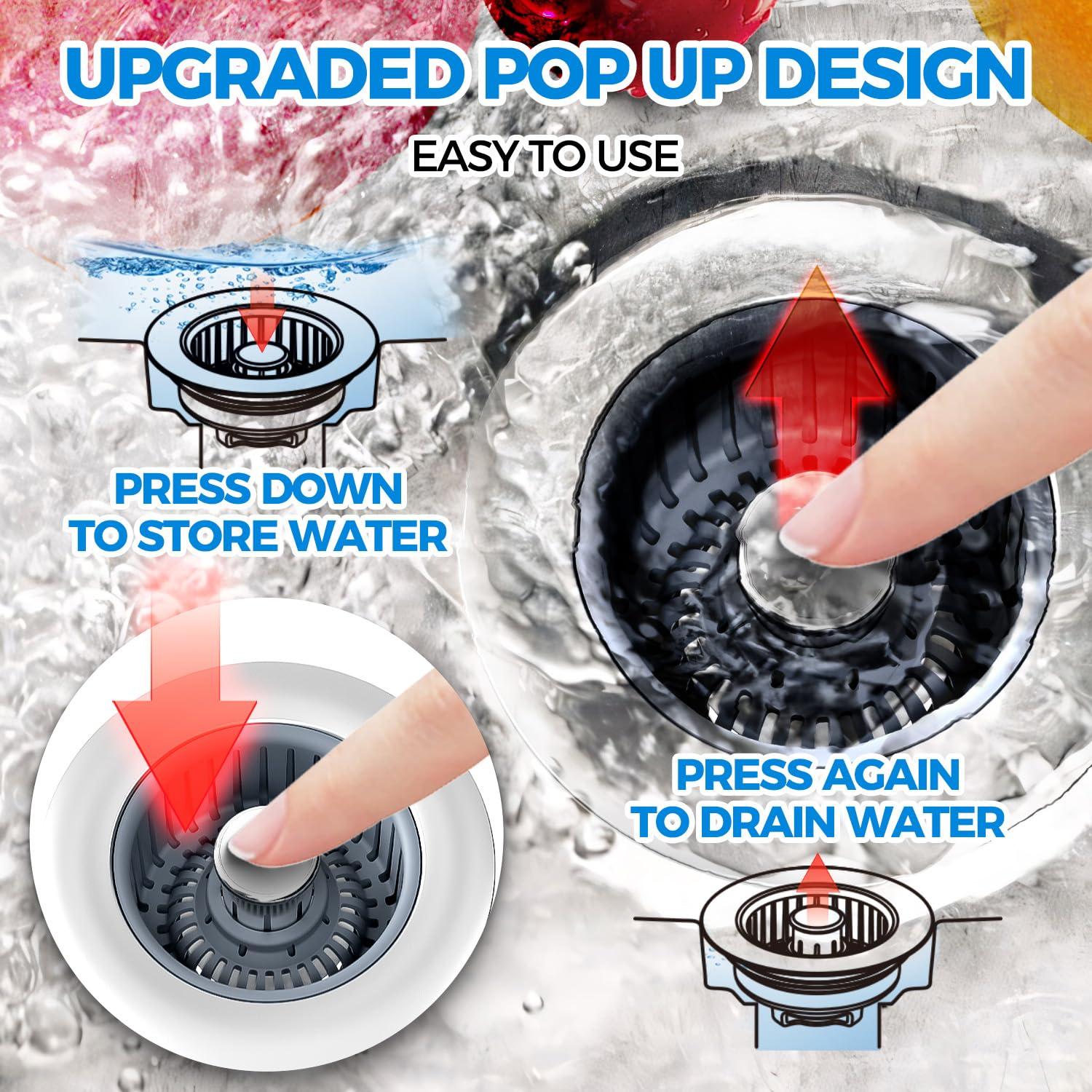 Upgraded 3in1 Kitchen Sink Drain Strainer & Sink Stopper, Stainless Steel Kitchen Drain Plug & Sink Installation Parts with Anti-Clogging Basket, Fit US Standard 3-1/2'' Sink Drain Hole, Silver - Image 3