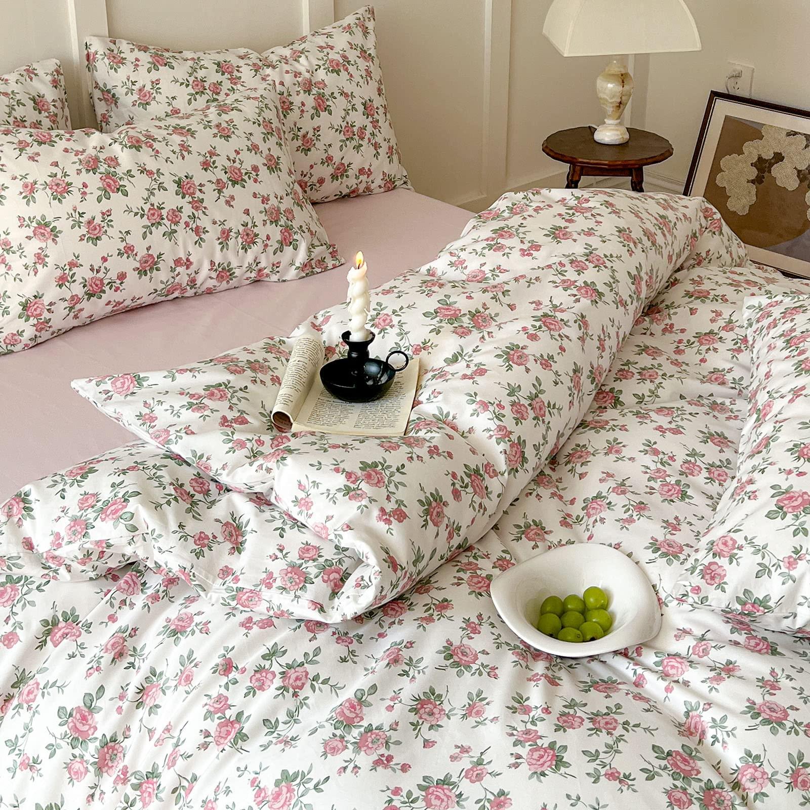 Pink Floral Duvet Cover Queen Soft Cotton Girls Cottagecore Bedding Set Botanical Peach Flower Comforter Cover with Zipper Closure Vintage Country Bedding Aesthetic Duvet Cover with 2 Pillowcases - Image 7