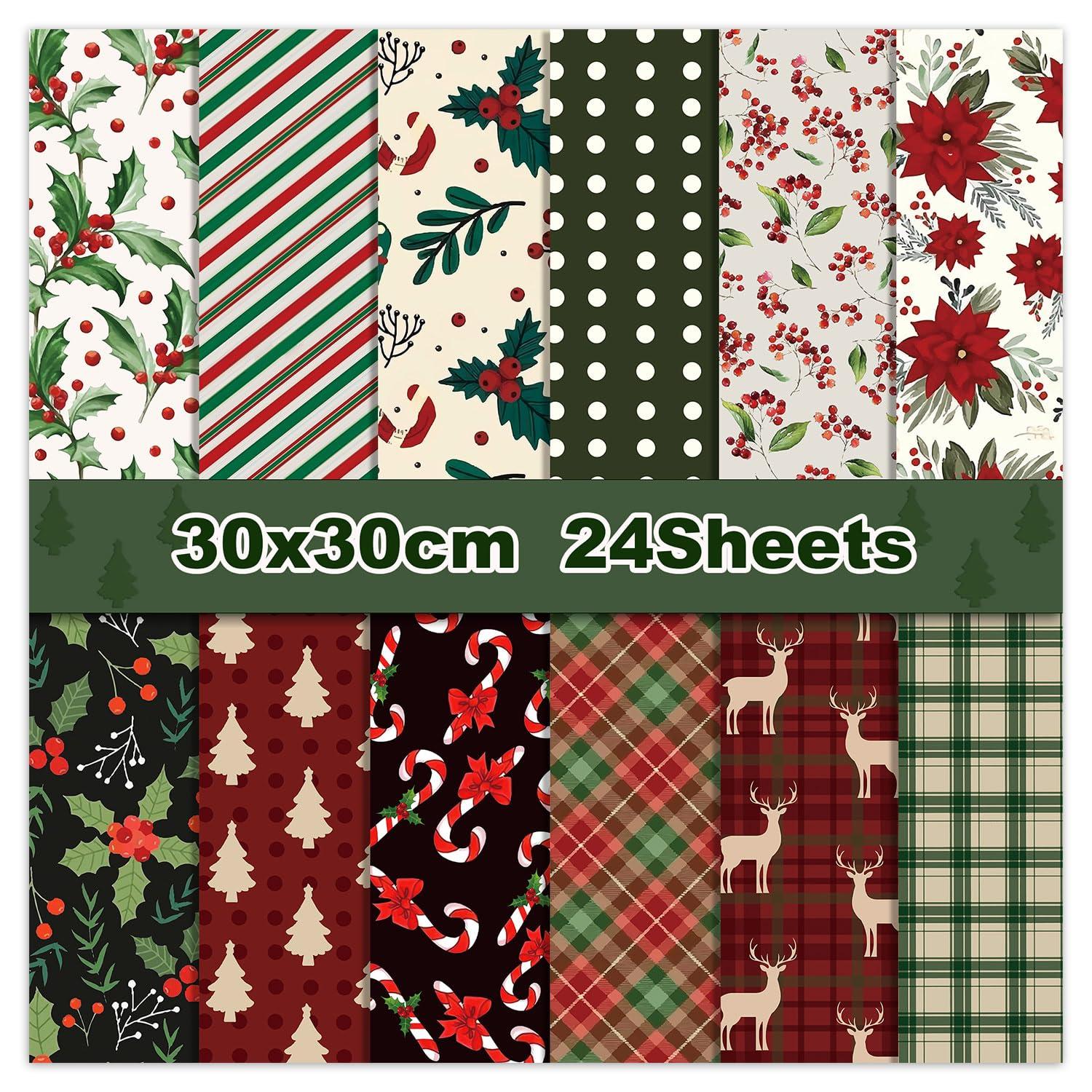 Christmas Pattern Paper Pad Red Green Textured Scrapbook Double Sided Folded Flat Xmas Craft Paper for DIY Background Card Making Scrapbooking Photo Album