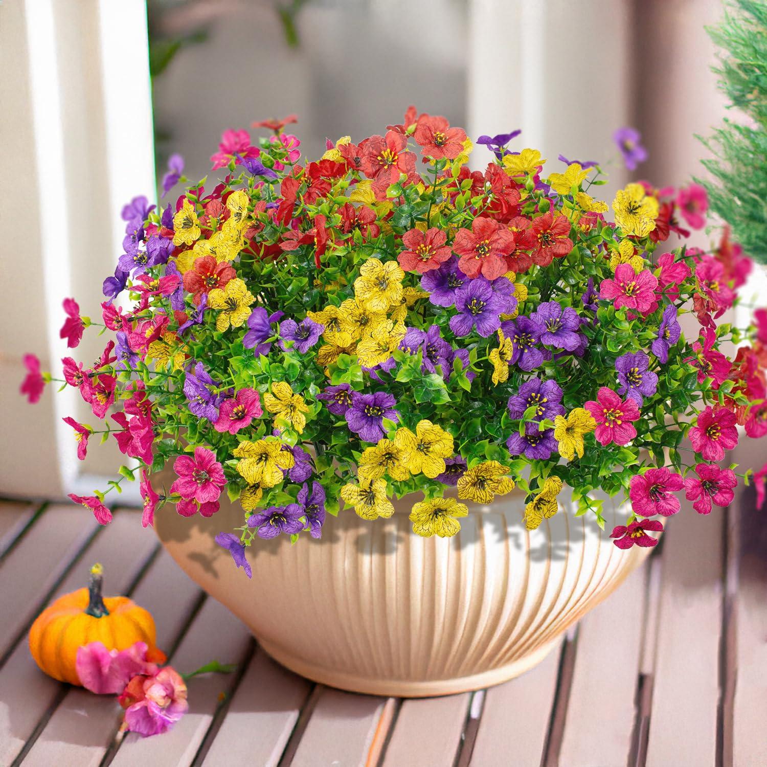 16 Bundles Artificial Flowers Outdoor Spring Summer Decoration Fake Silk Colorful Daisy Eucalyptus Realistic UV Outside Faux Plants for Garden Porch Window Box Home Decor(Red Yellow Pink Purple) - Image 5