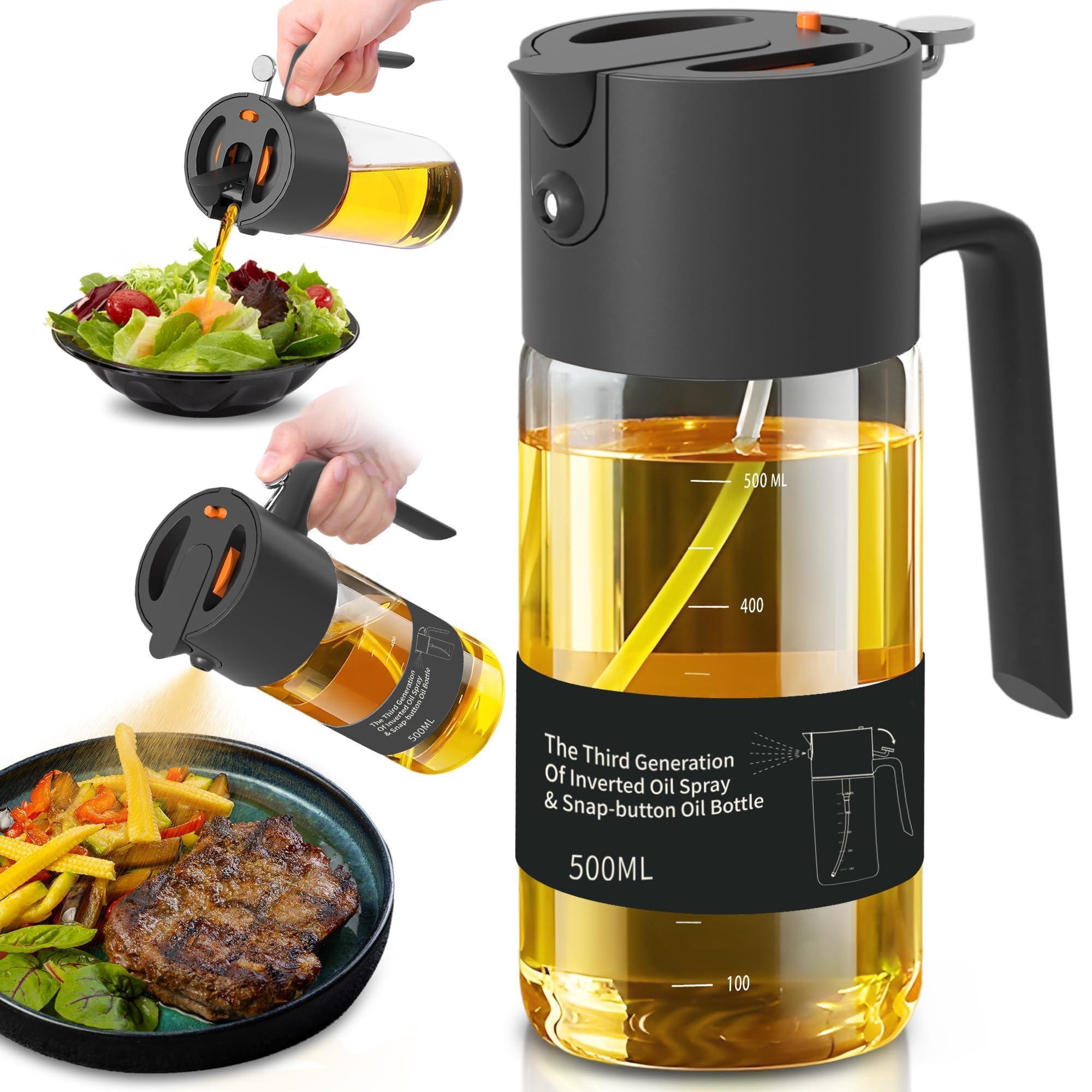 Costop Oil Sprayer for Cooking, 2025 Large Advanced Olive Oil Dispenser Bottle,500ml/17oz Glass Olive Oil Sprayer,2 in 1 Even Spray with Portion Control for Kitchen, Air Fryer, Salad, BBQ - Black