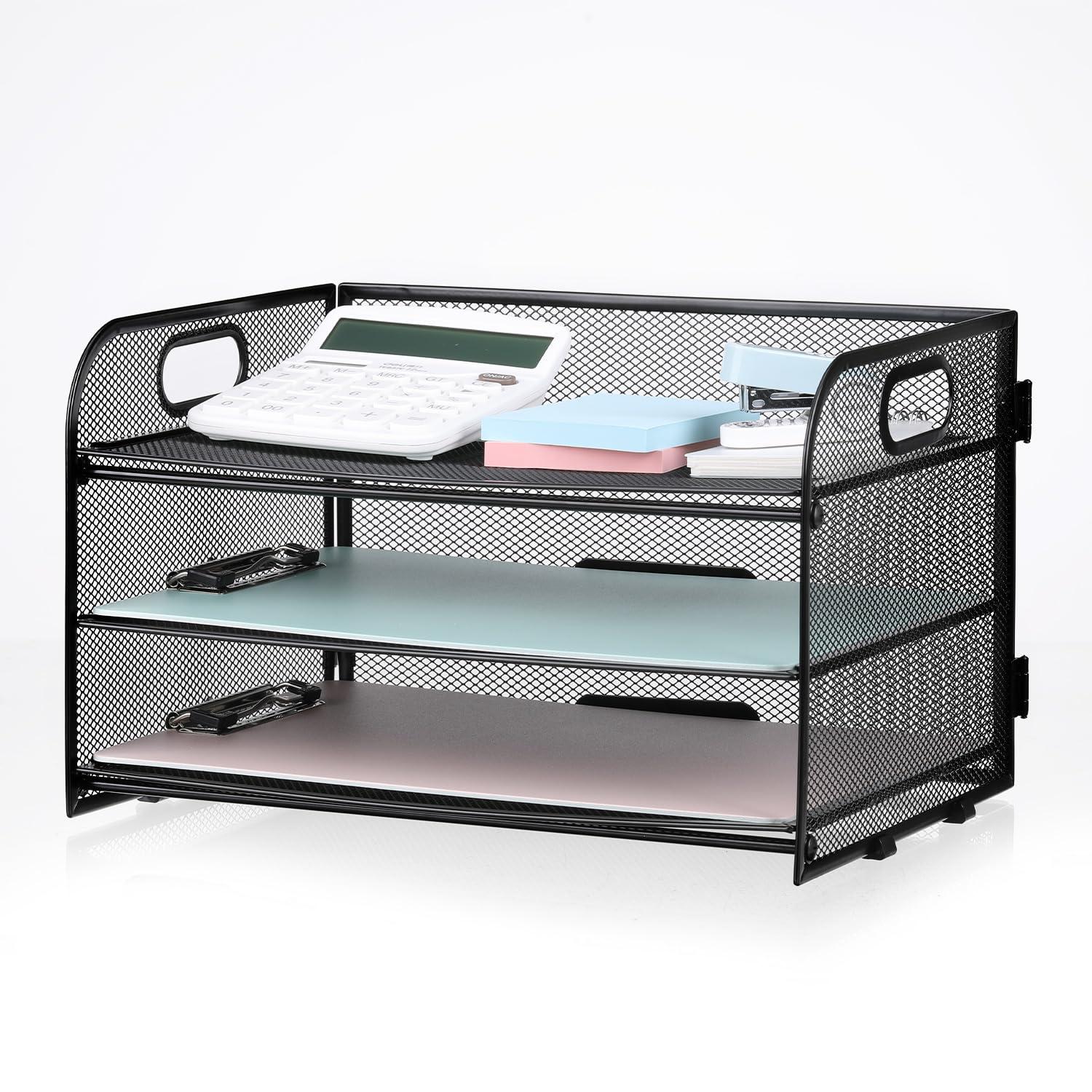 NCXTKJ 3-Tier Letter Tray Paper Organizer with Handle, Compact Mesh Desk File Organizer for Home Office Supplies Desktop Accessories,Black