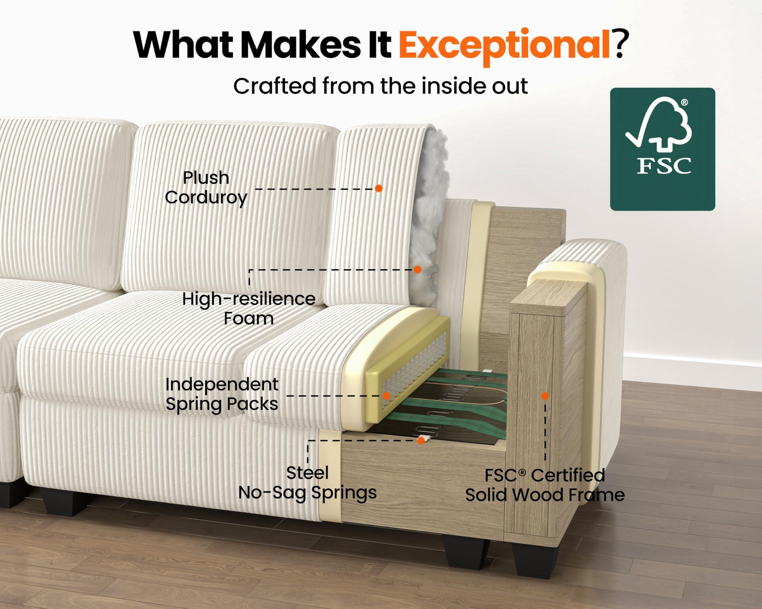 CHIC HOUSE Corduroy Modular Sectional Couch with Ottoman Chaise, L/U Shaped Sleeper Sofa for Living Room, Apartment, Lounge, Modern Armrest Neck Support Furniture (5 Seater Sectional, Beige) - Image 9