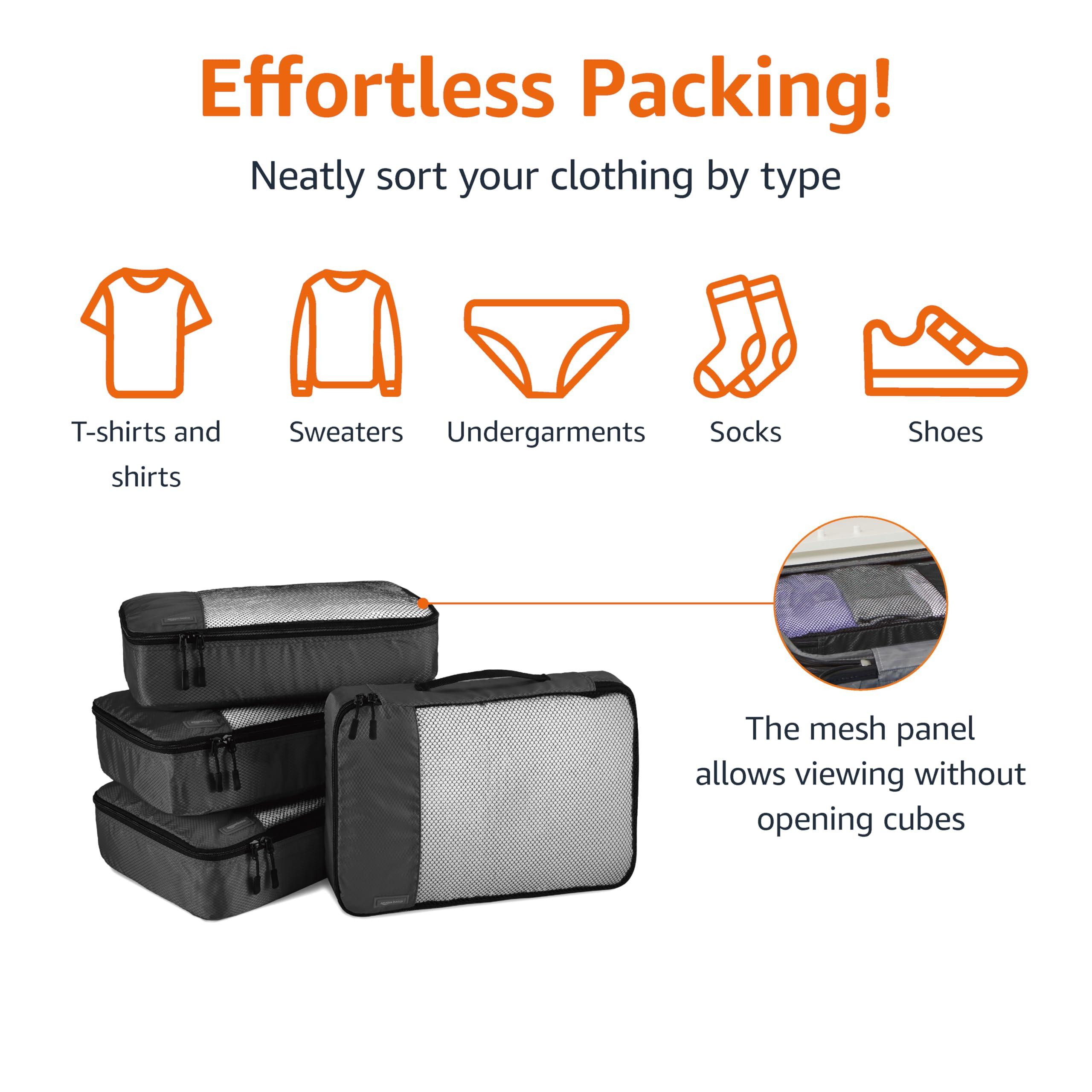 Amazon Basics Lightweight Packing Cubes Travel Organizer Set with Double Zipper, Mesh Top, Durable Polyester, Medium, 4 Piece, Black - Image 2
