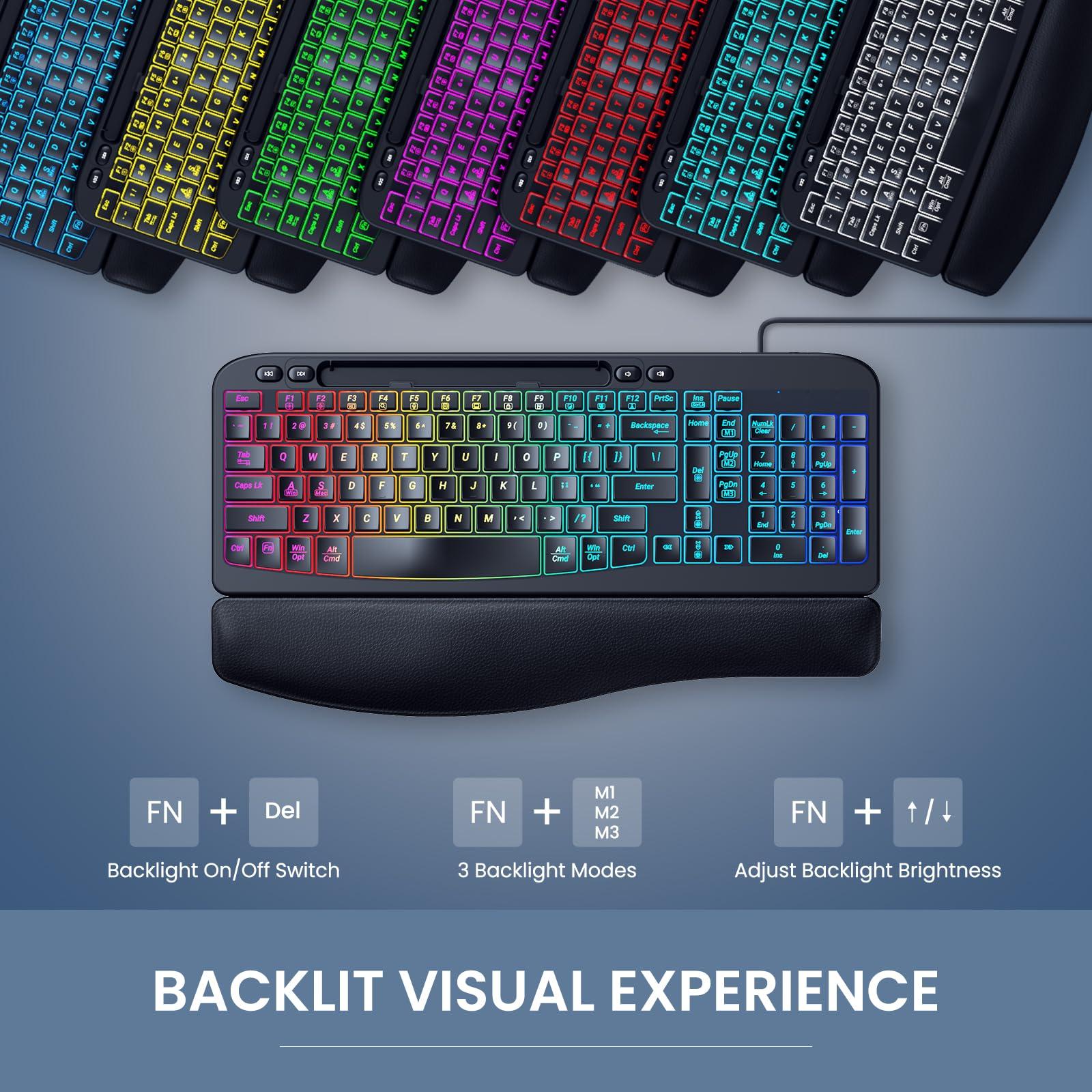 VEILZOR Ergonomic Backlit Keyboard with Wrist Rest, 7 Colors USB Wired Computer Keyboard, Wave Keys, with Phone/Tablet Holder, Comfortable Lighted Keyboard for PC, Windows and Mac - Image 5