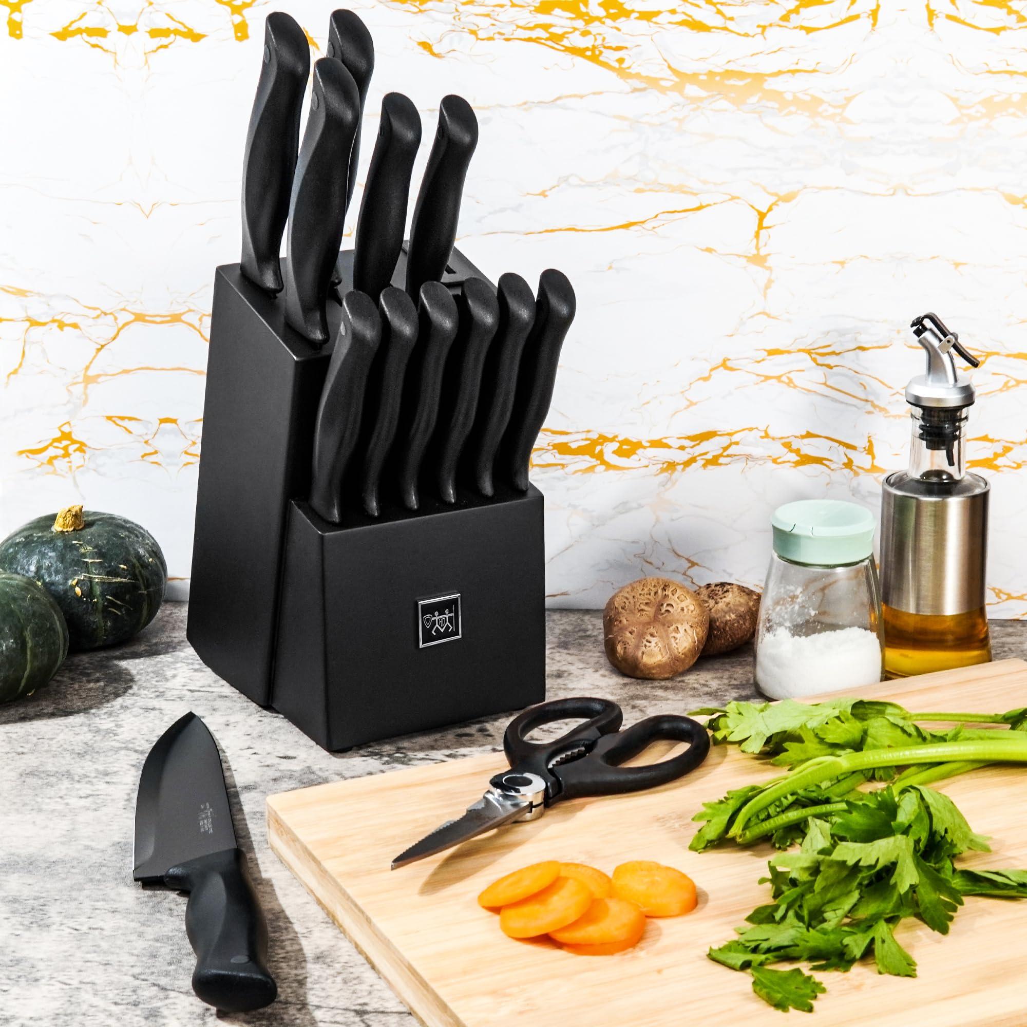 Knife Set, HUNTER.DUAL 15 Pcs Kitchen Knife Set with Block Self Sharpening, Dishwasher Safe, Anti-slip Handle, Black - Image 2