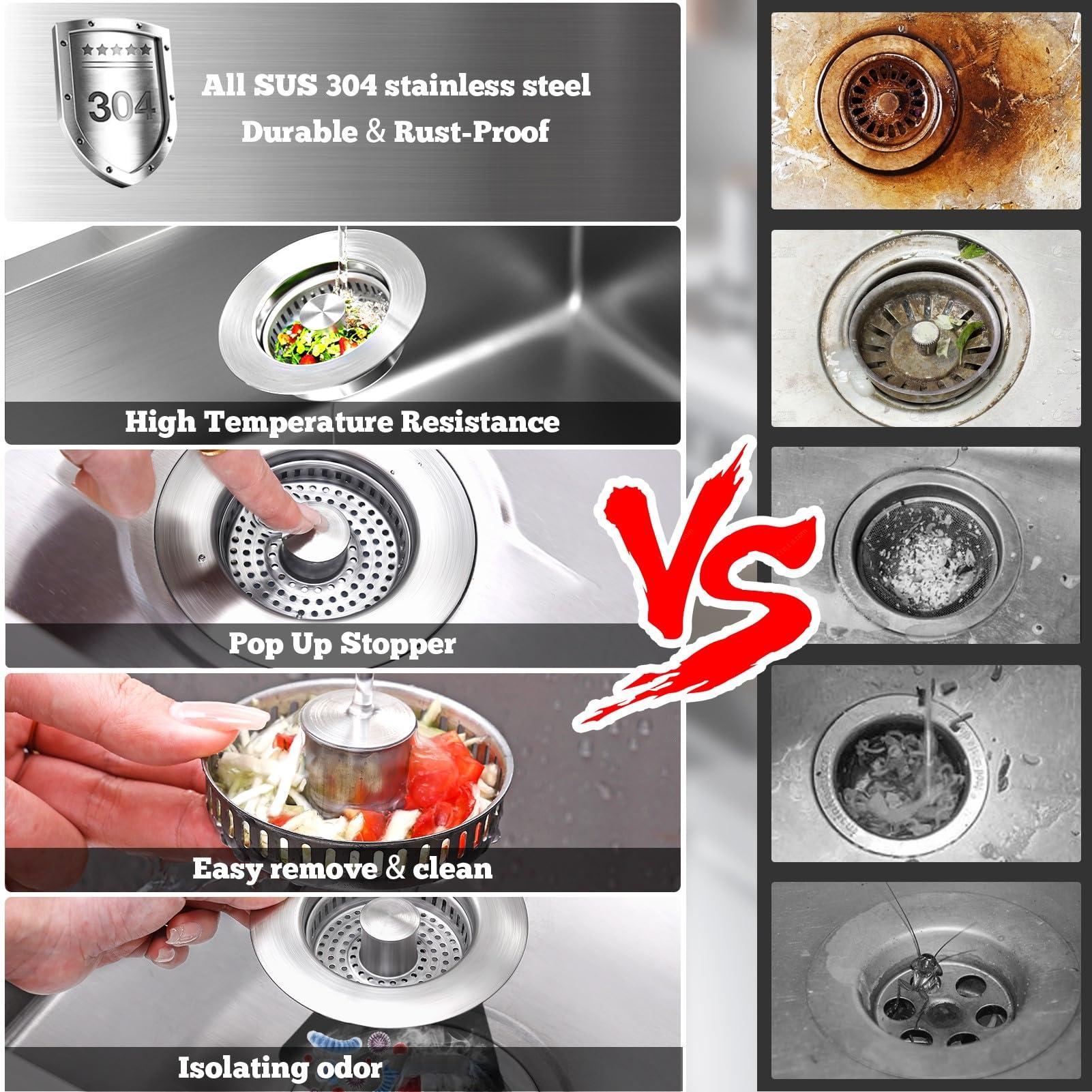 Upgraded 3 in 1 Kitchen Sink Drain Strainer Stopper, Brushed Stainless Steel SUS 304 Pop Up Sink Drain Stopper for Standard 3-1/2 Inch Drain Anti-Clogging Odor Prevention - Image 4