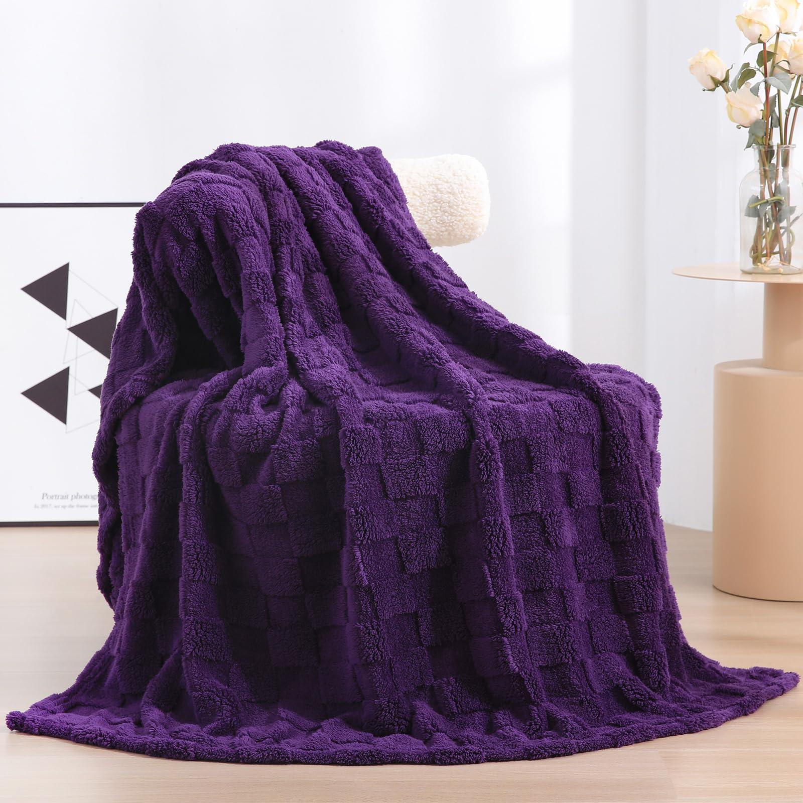 Linecooo Deep Purple Fleece Throw Blanket 50”×60” for Couch Sofa Bed,Super Soft Cozy Plush Microfiber Flannel Blanket with 3D Checkered Design Lightweight for Adults,Woman,Girls