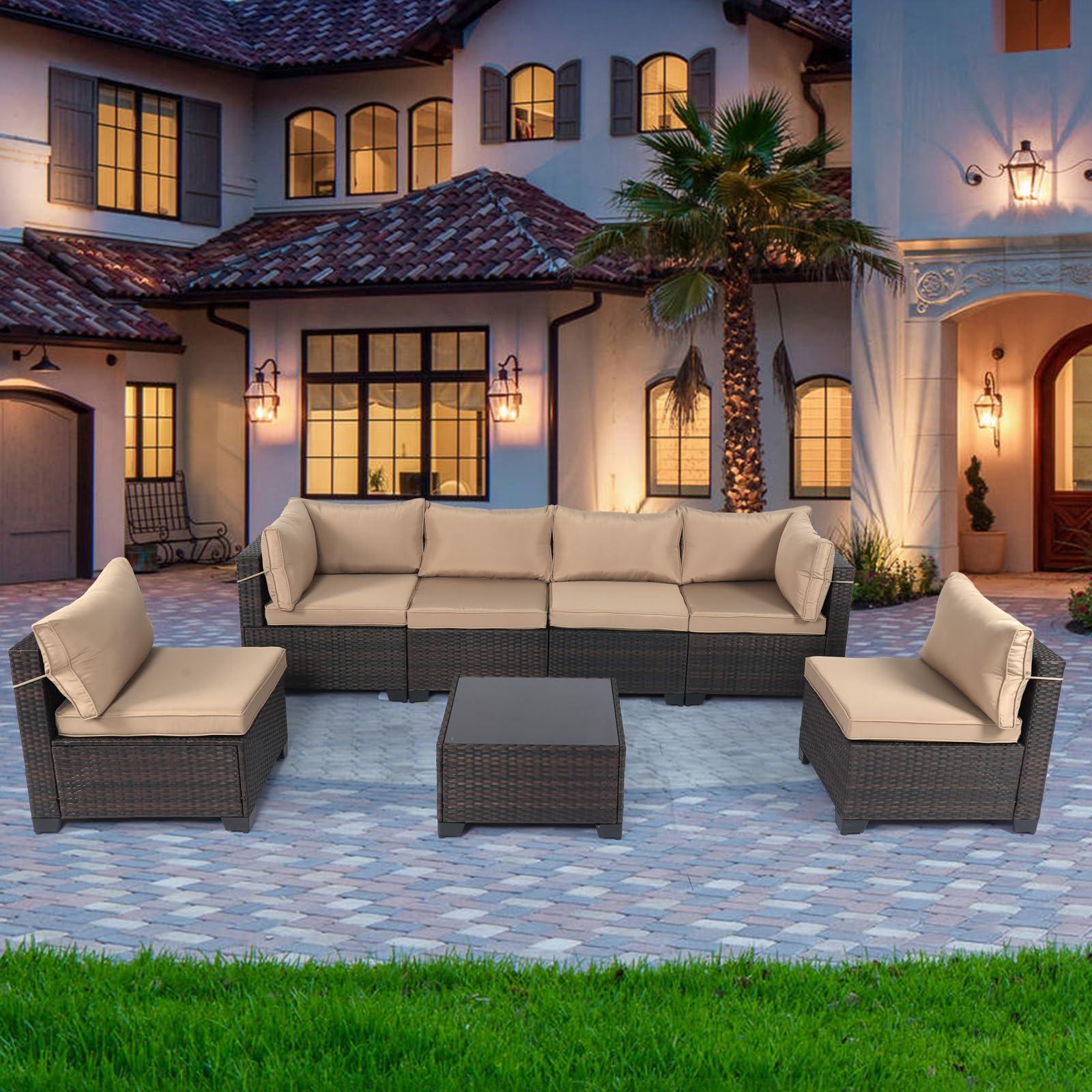 LEVELEVE 7 Pieces Outdoor Patio Furniture Sets,Rattan Conversation Sectional Set,Manual Weaving Wicker Patio Sofa with Tea Table - Image 2