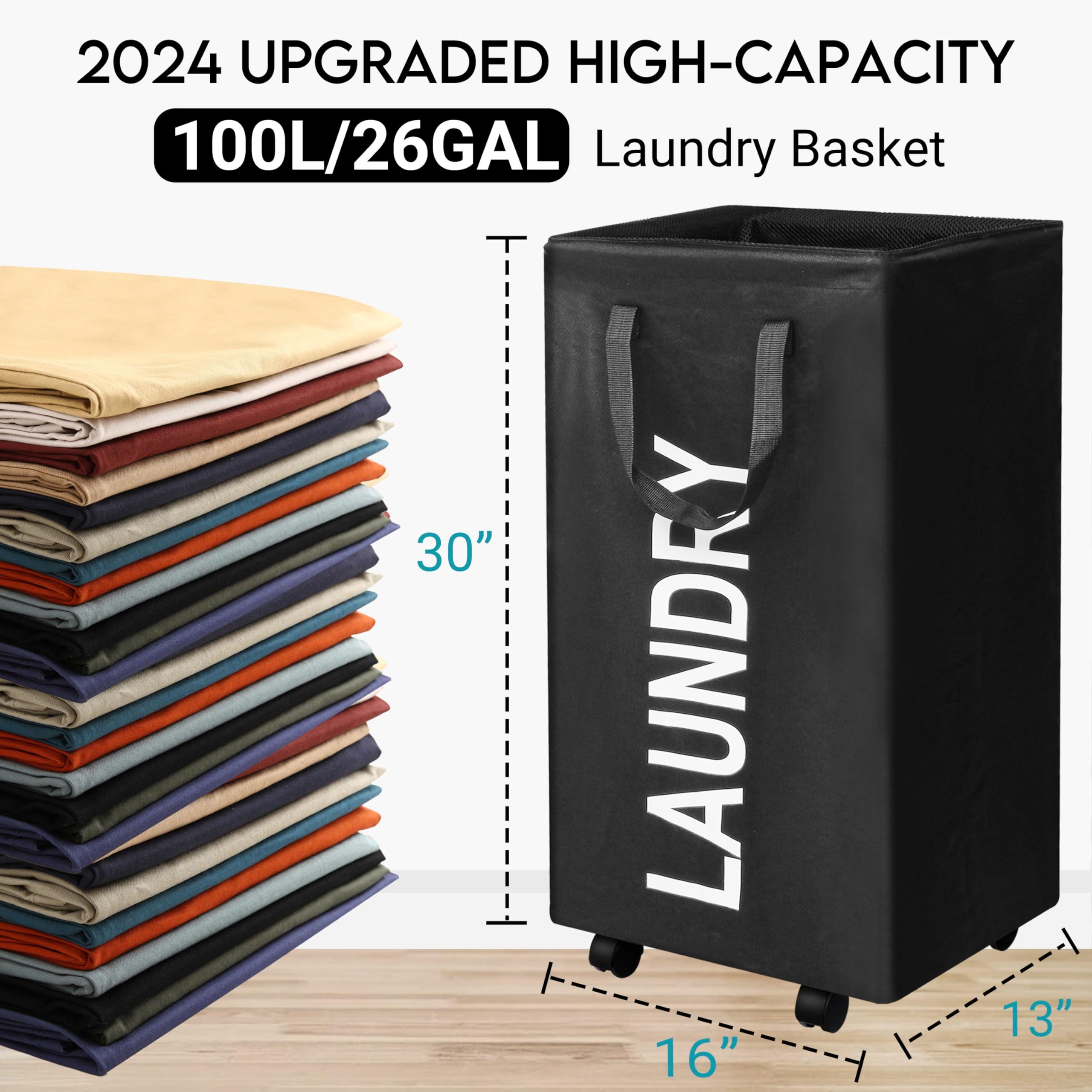 ZOES HOMEWARE 100L Large Laundry Basket with Wheels, 26 GAL Rolling Laundry Hamper with Handle, 30" Tall Rectangular Laundry Basket for Corner, Collapsible and Foldable, (Black) - Image 2