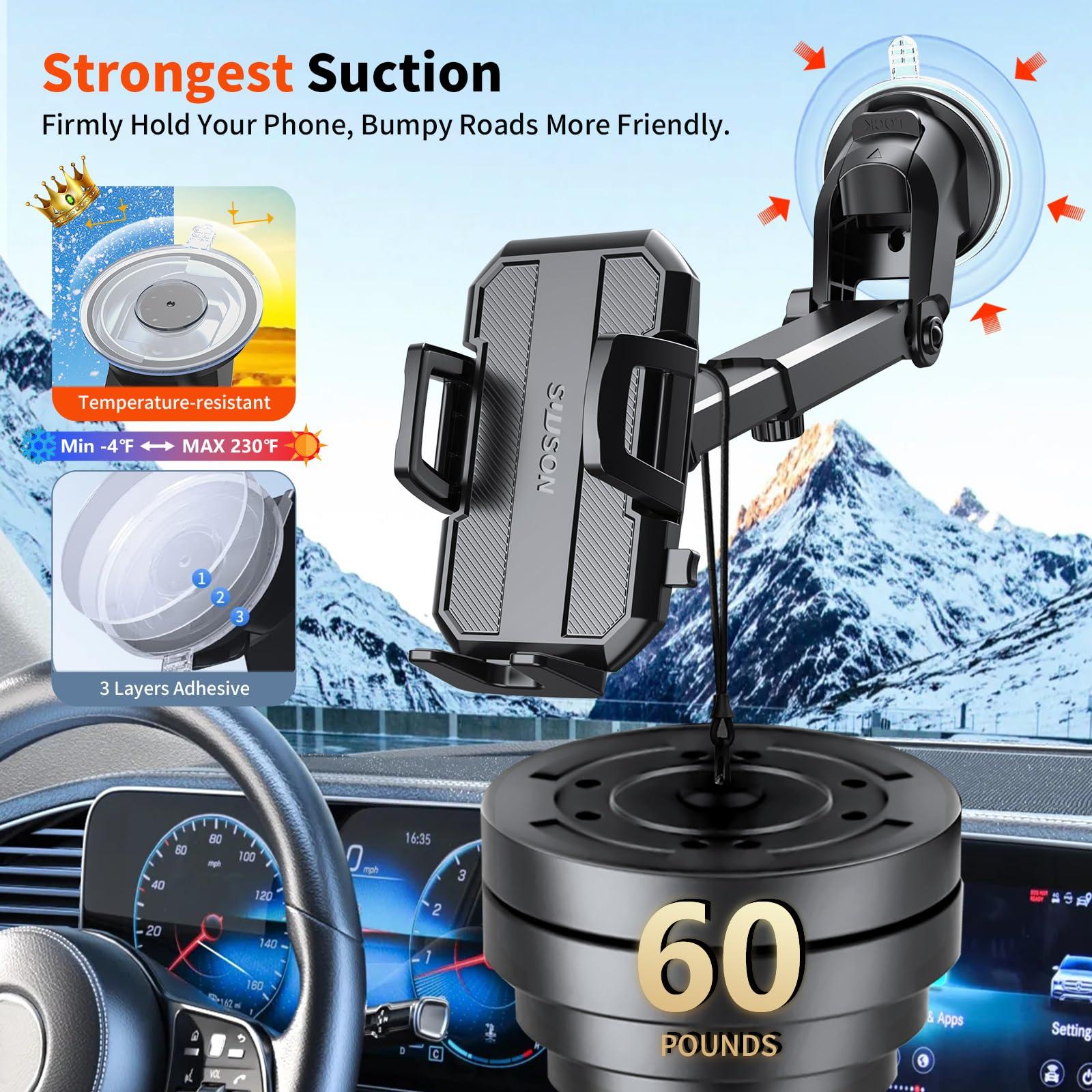 SUUSON Upgraded 3-in-1 Car Phone Holder Mount [Powerful Suction] Phone Mount for Car Dashboard Air Vent Windshield,for All iPhone Android Phone (Black) - Image 3