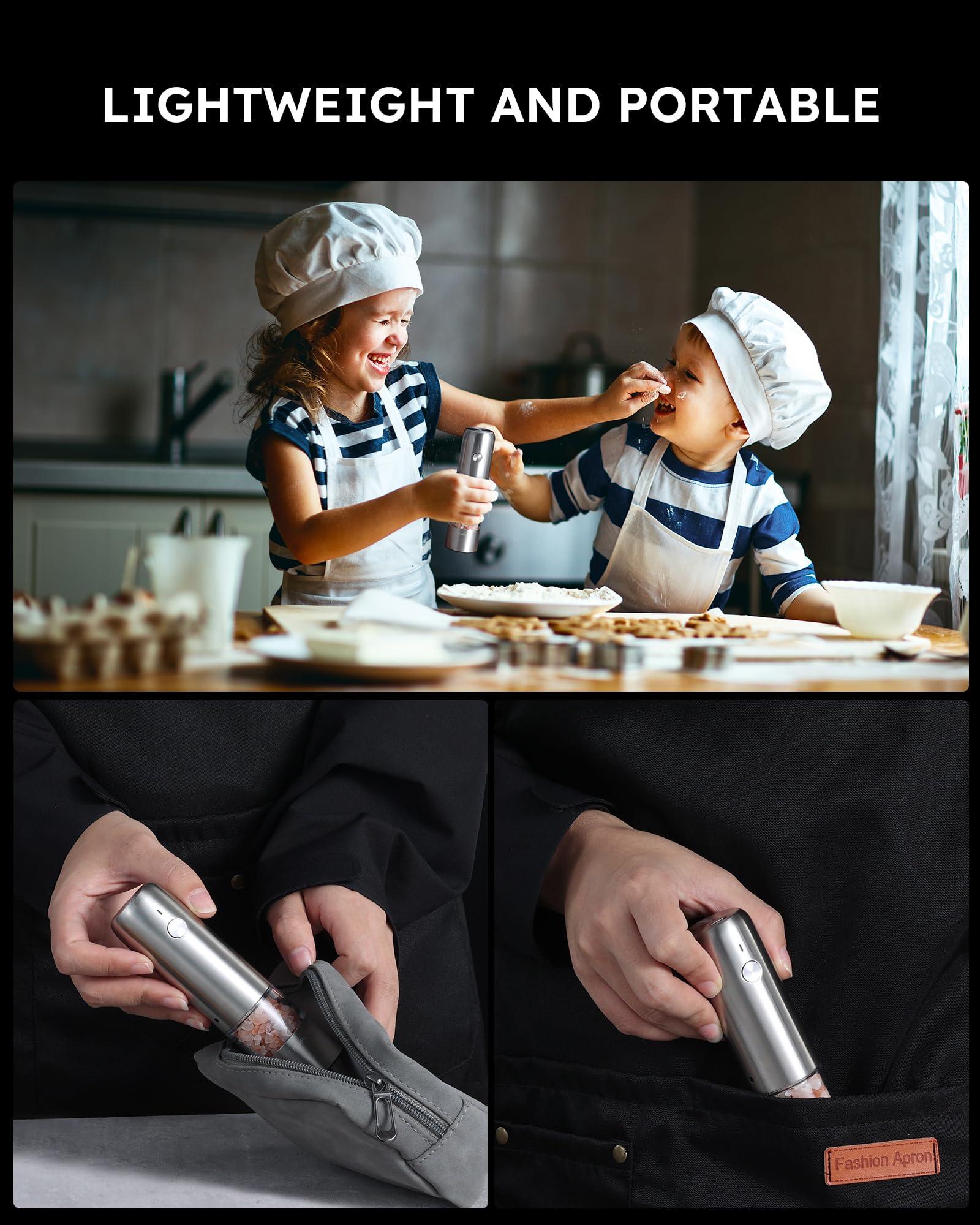 FORLIM Mini Electric Salt and Pepper Grinder Set with Wood Base, USB Rechargeable, Small Automatic Salt Pepper Mill Grinder, Travel/Outdoor BBQ/Children, One-Button Control (2 Packs, Stainless Steel) - Image 8