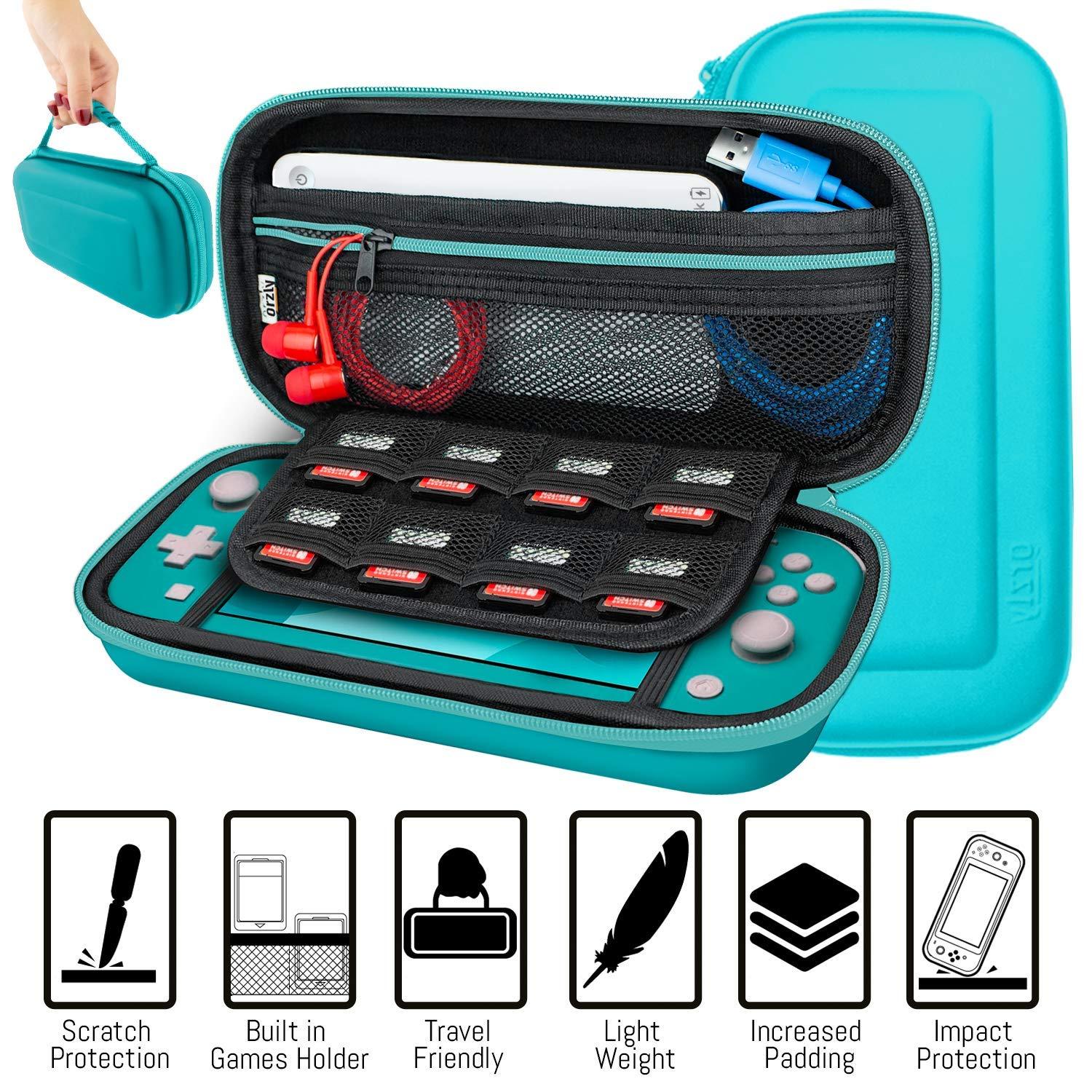 Orzly Switch Lite Accessories Bundle - Case & Screen Protector for Nintendo Switch Lite Console, USB Cable, Games Holder, Grip Case, Headphones, Thumb-Grip Pack & More (Gift Pack - Turquoise Blue) - Image 5
