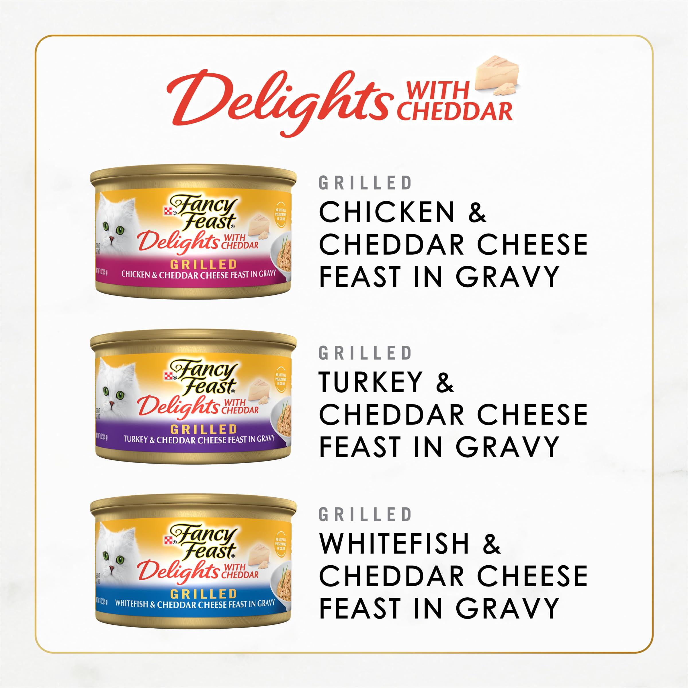 Purina Fancy Feast Delights with Cheddar Grilled Chicken, Turkey or Whitefish and Cheddar Cheese Feast in Gravy Wet Cat Food Variety Pack - (Pack of 24) 3 oz. Cans - Image 3