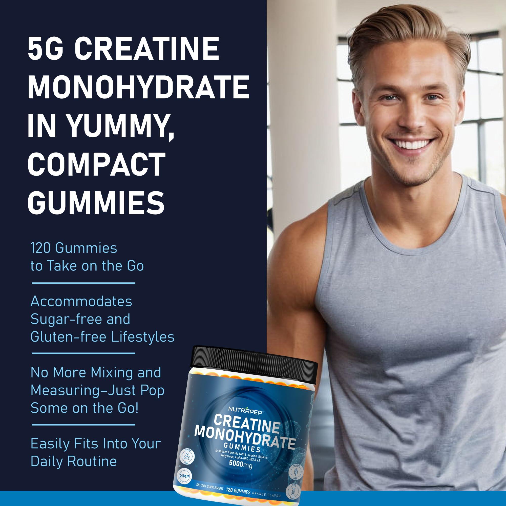 NutraPep Creatine Monohydrate Gummies 5g for Men Women - with L-Taurine Betaine Anhydrous Alpha-GPC BCAA 2:1:1 - Sugar-Free Gluten Free Chewable Creatine Supplement Bites - Image 4