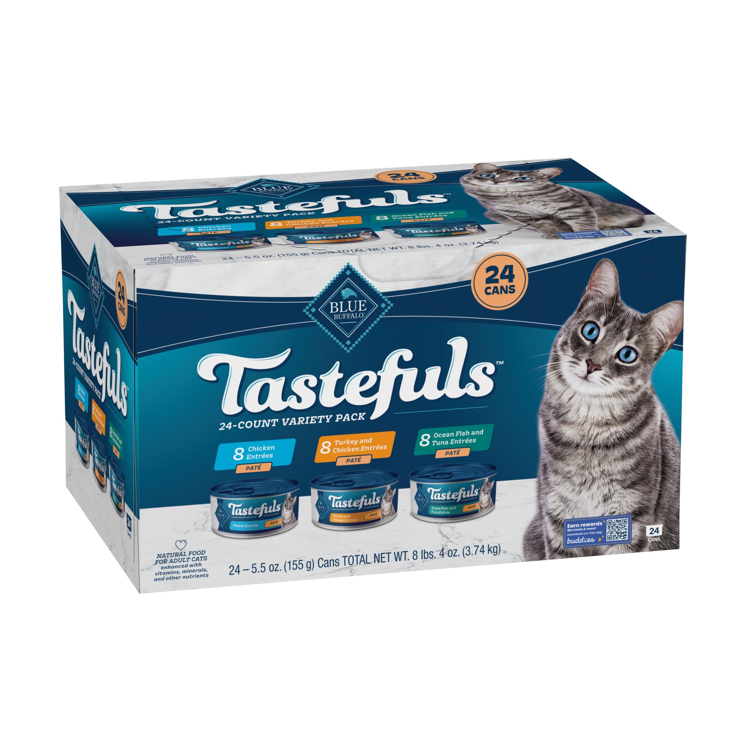 Blue Buffalo Tastefuls Wet Cat Food Paté Variety Pack, Made with Natural Ingredients, Chicken, Turkey & Chicken, Ocean Fish & Tuna Entrées, 5.5-oz Cans (24 Count, 8 of Each)