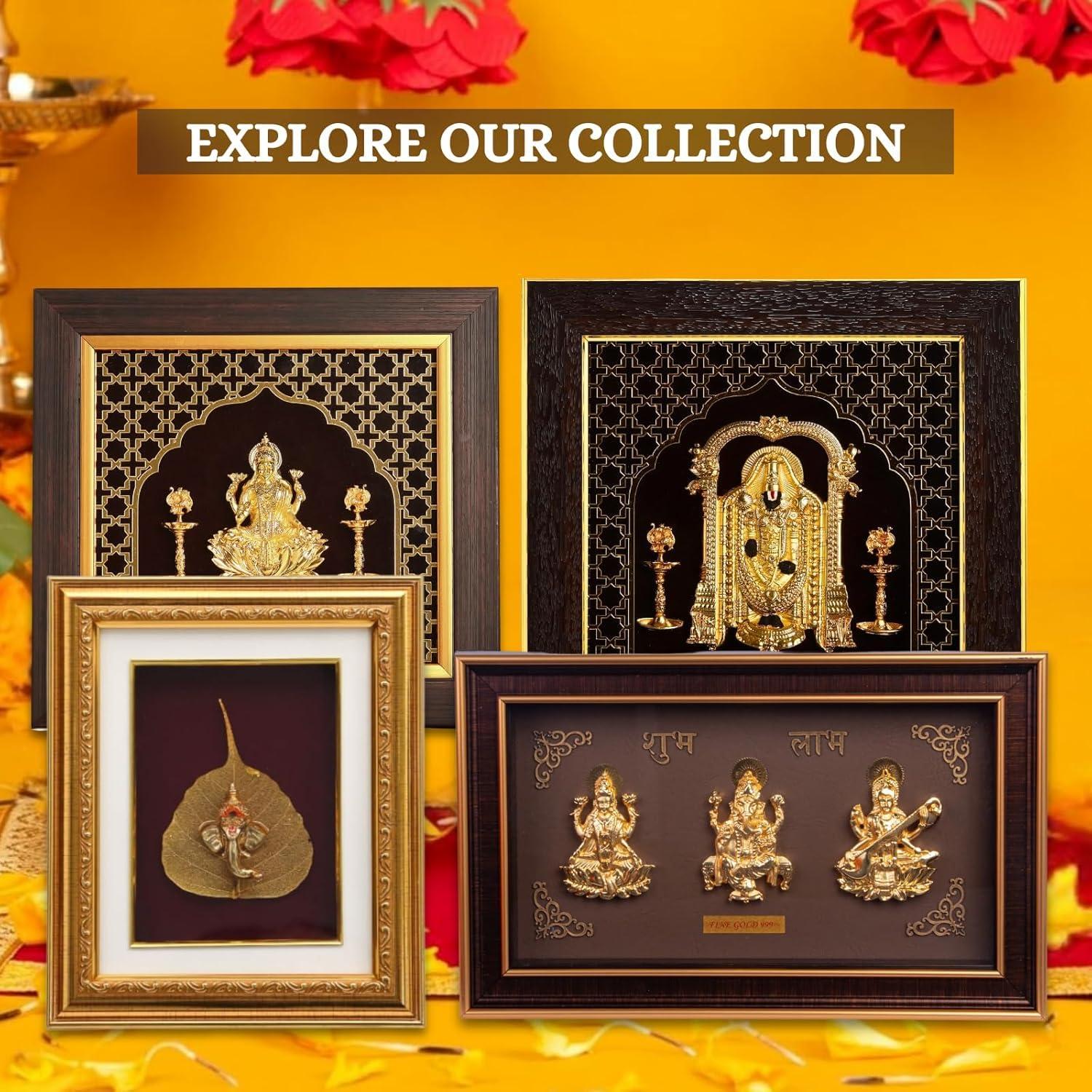 ZAARIYA Golden Lakshmi Ganesha Saraswathi - Trimurti Frame | Shubh Labh God Gold Plated Decorative Photo Frame | For Gifting, Home Decor, Table Decor and Temple or Pooja Room Decoration ( 10.5 x 6.5 Inches) - Image 6