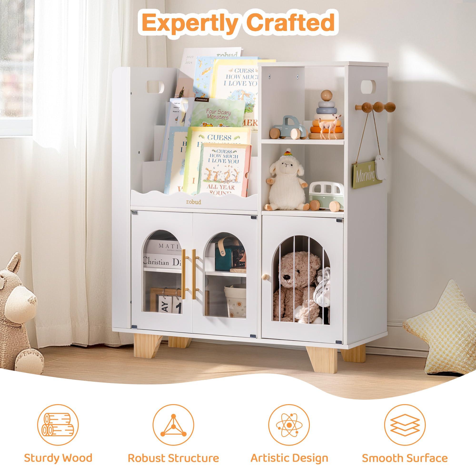ROBUD Toy Storage Organizer, All-in-One Toy Organizers and Storage, Kids Wooden Bookshelf with 6 Storage compartments, Toy Chest Shelf Organizer for Playroom Bedroom, White - Image 6
