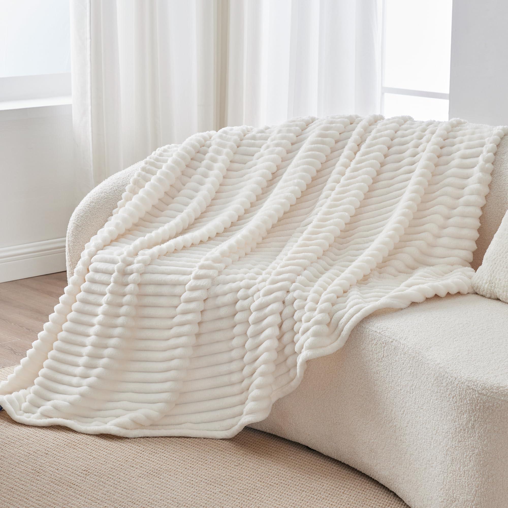 BEDELITE Fleece Throw Blanket for Couch - 300GSM Soft & Warm Fluffy Cream White Blanket, Decorative and Giftable Striped Blankets for Women, Men, 50"x60" - Image 9