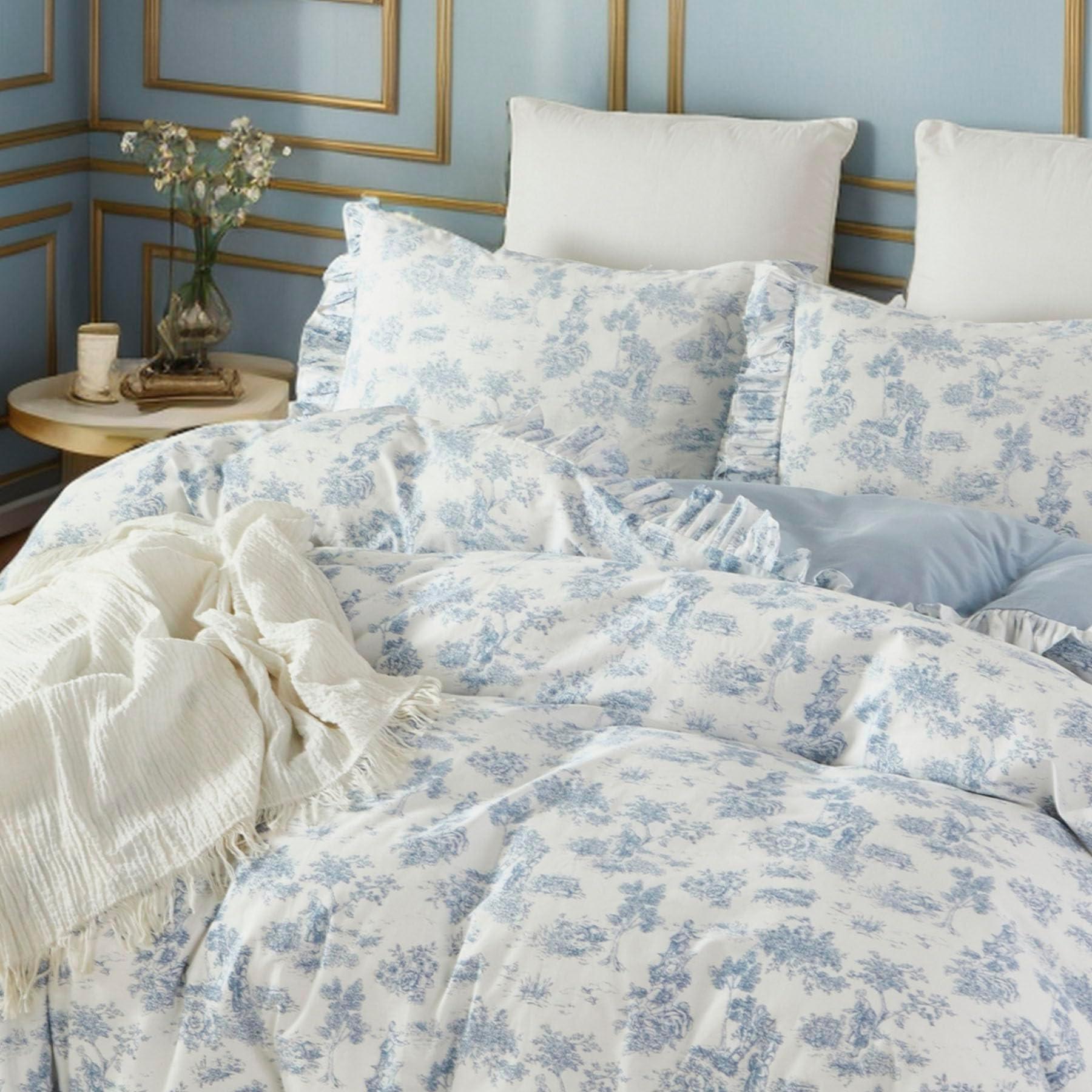 Brandream French Country Toile Queen Duvet Cover Set for Girl Women Bedroom Vintage Blue Toile Floral Print 100% Cotton Duvet Quilt Comforter Cover Pillow Shams Set with Delicate Ruffle Fringe - Image 2