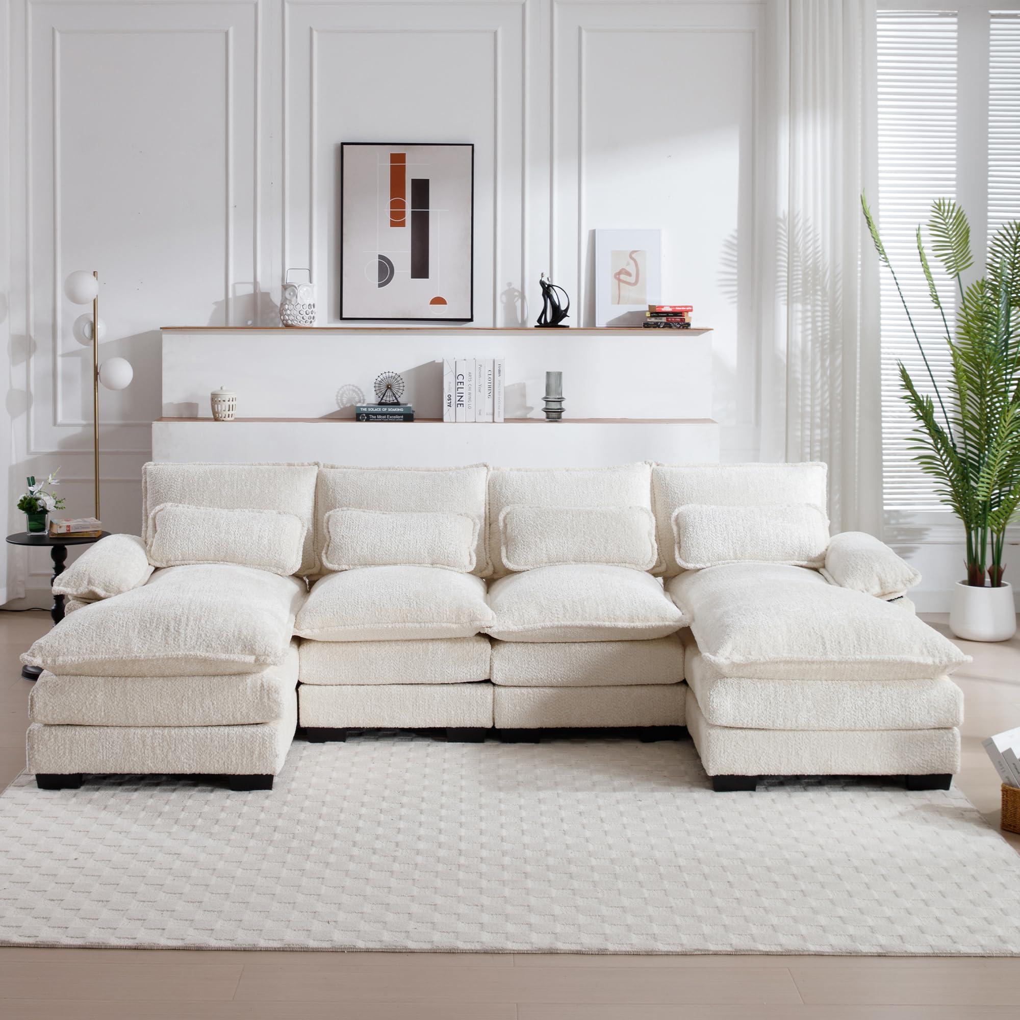 GNIXUU U Shaped Cloud Couch, 110" Chenille Comfy 4 Seat Sectional Couches for Living Room, Modular Sofa Sleeper with Double Chaise & Memory Foam for Apartment(Beige)