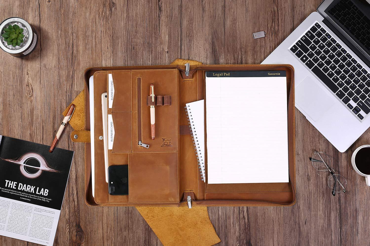 Gavarnie Genuine Leather Business Portfolio Padfolio Folder with Zipper for Men, Men's Leather Padfolio Folder for 13" Laptop, Business Portfolio with Letter Size Notepad, Graduation Gift，Brown - Image 2