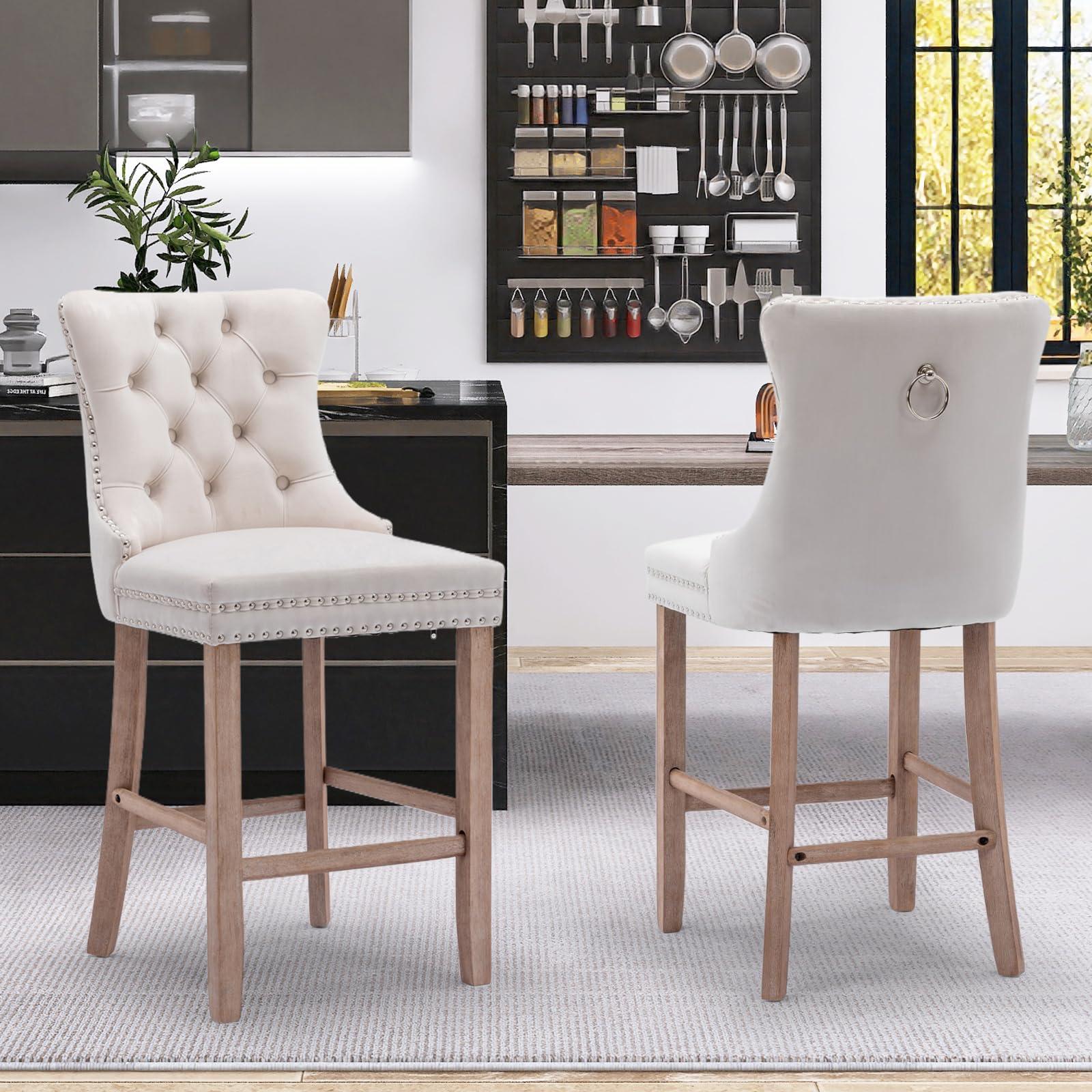 JETEAGO Bar Stools Set of 2, Velvet Upholstered Bar Stool for Kitchen Island, Counter Stools with Nailhead Trim, Beige - Image 2