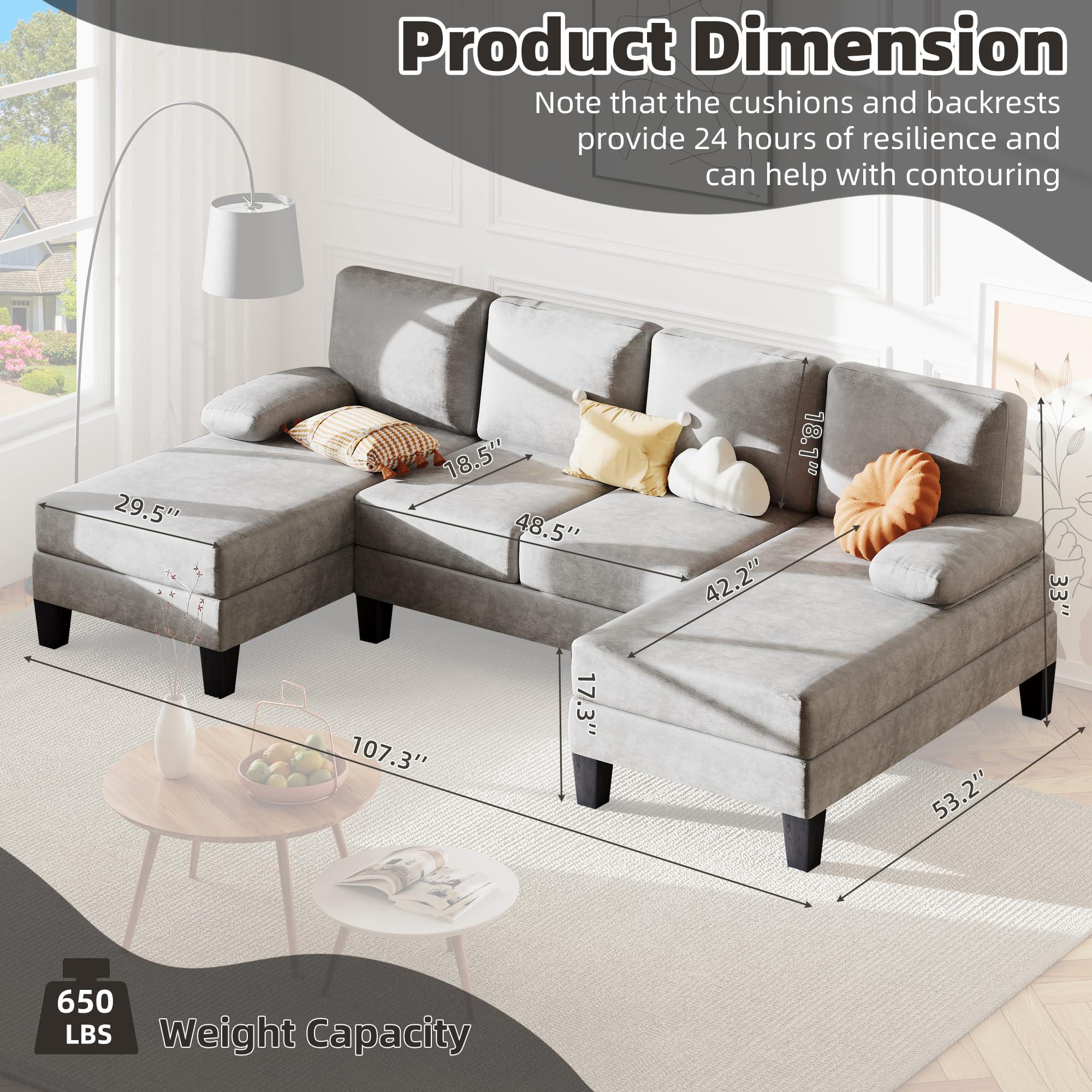 Bezseller 107.3" Sectional Couches for Living Room, U Shaped Modular Sofa Couch with Cushion & Chenille Fabric, 4-Seat Comfy Furniture Sets with Double Chaise for Apartment, Reception Room, Grey - Image 2