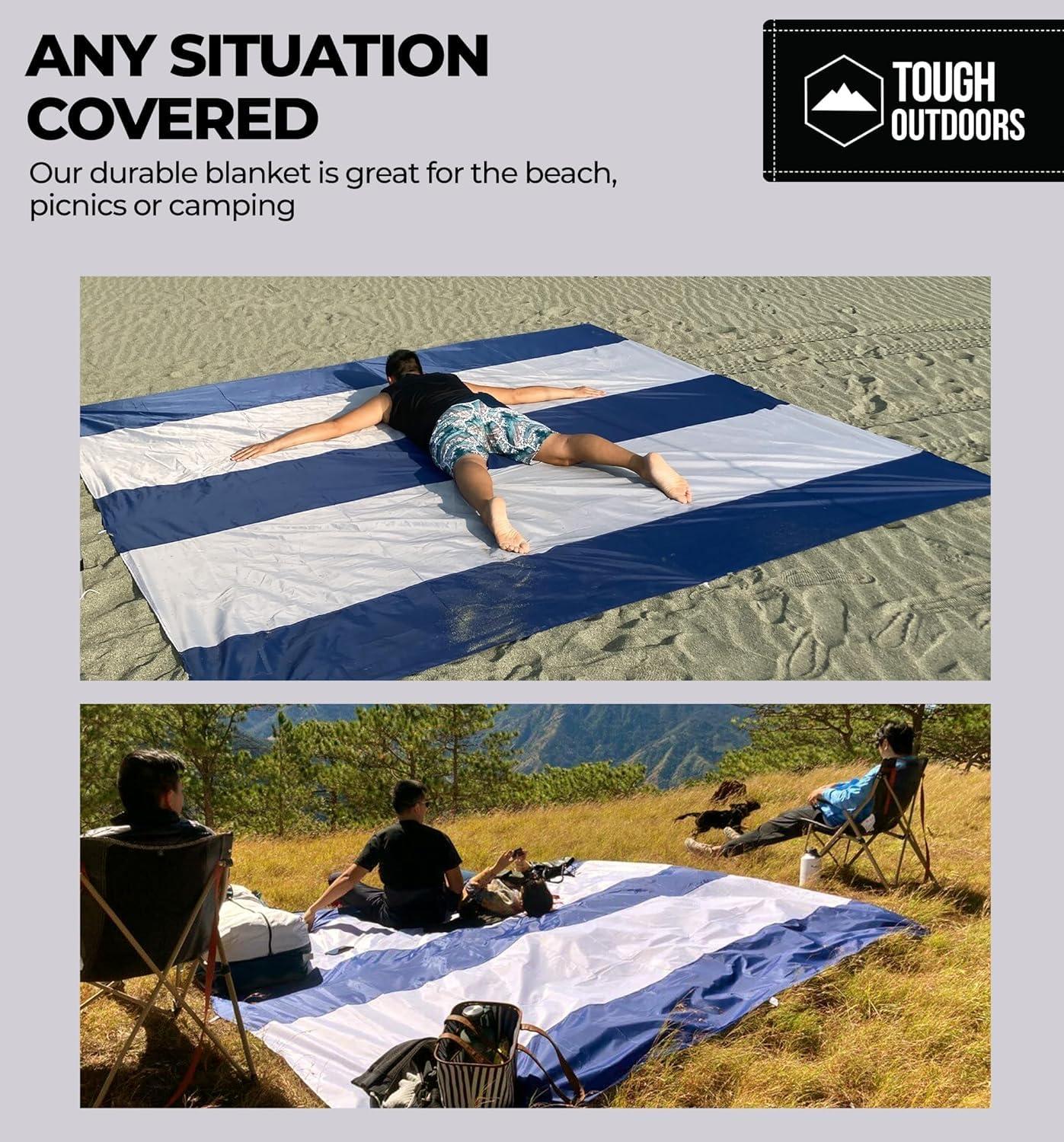 Tough Outdoors Extra Large Beach Blanket Waterproof Sandproof Oversized - 11'x10' Sand Free Beach Mat for 9 Adults - Hiking, Outdoor & Beach - Navy Blue & White - Image 6