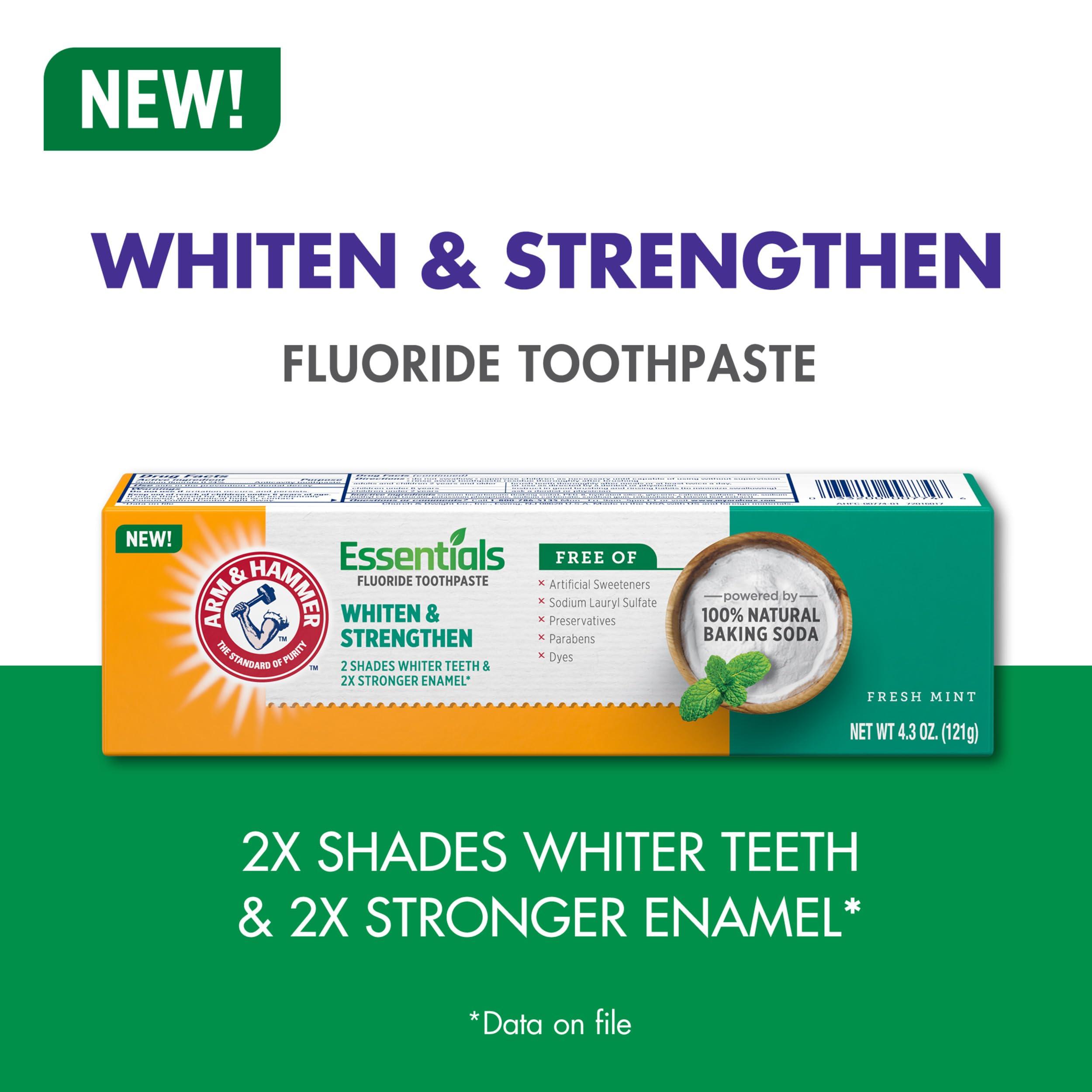 ARM & HAMMER Essentials Whiten & Strengthen Fluoride Toothpaste-4 Pack of 4.3oz Tubes, Fresh Mint- 100% Natural Baking Soda- Fluoride Toothpaste - Image 7