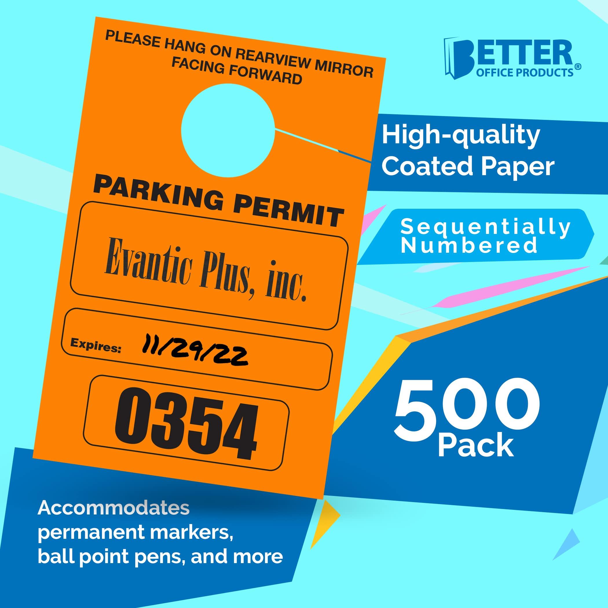 Better Office Products Parking Permit Hang Tags, 500 Pack, Temporary Parking Passes, Bulk Pack, Custom Passes Numbered 1-500, 3.15" x 4.75" Placards for Rearview Mirror(Orange) - Image 2