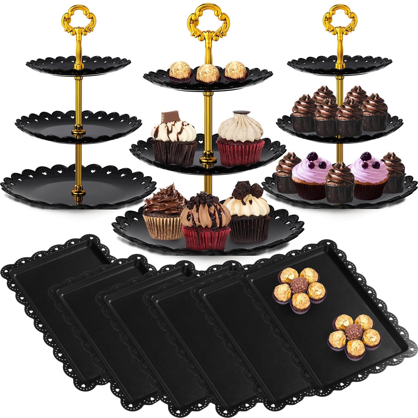 9 Pcs Black Cupcake Display Set Includes 6 Rectangle Cupcake Stand and 3 Pcs Round 3-Tier Serving Tray Dessert Stand for Wedding Birthday Party Baby Shower(Flower Style)