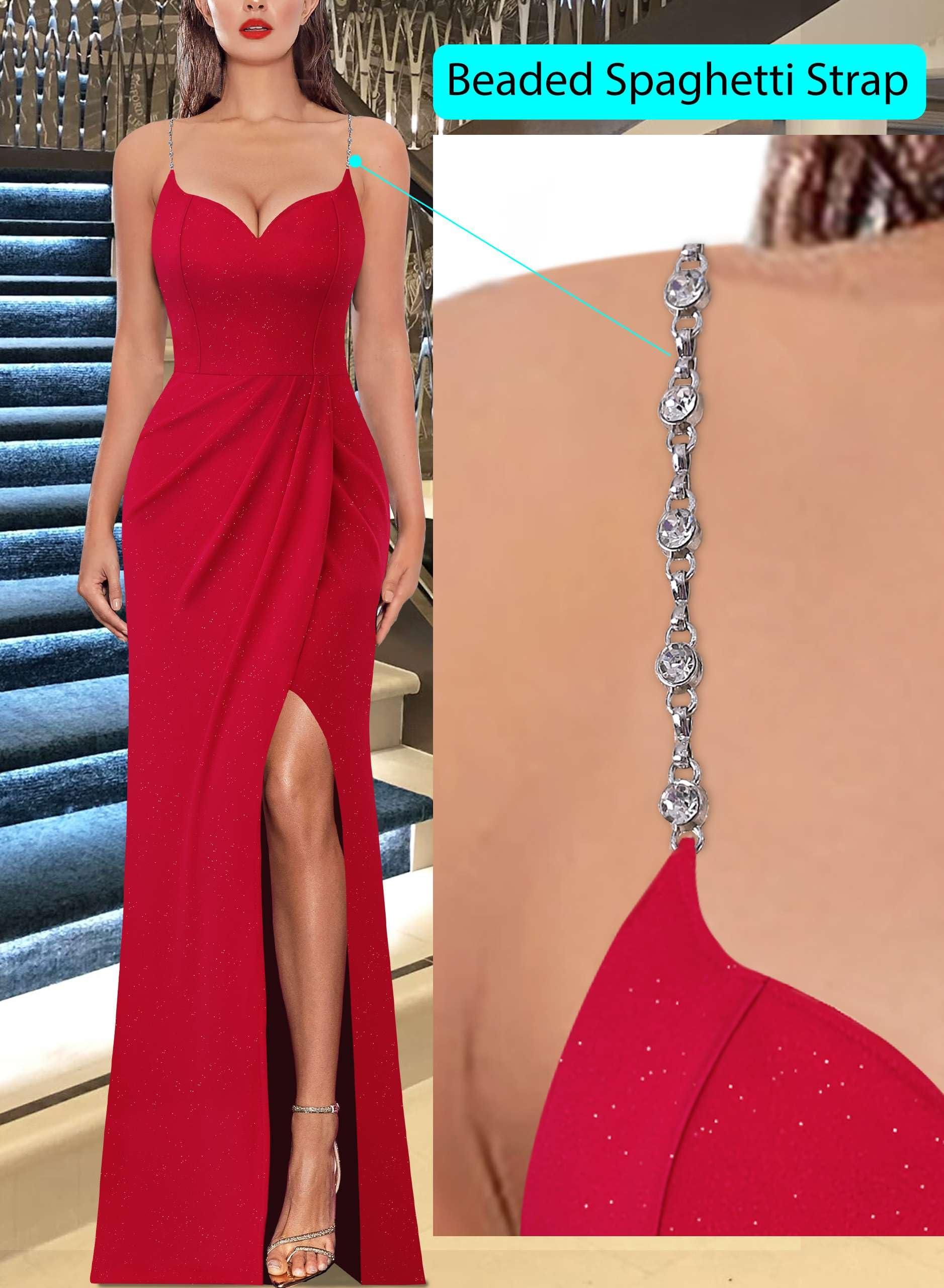 VFSHOW Womens Sexy Formal Ruched Fitted High Slit Bodycon Maxi Dress Spaghetti Strap Sweetheart Cocktail Prom Evening Gown - Image 2