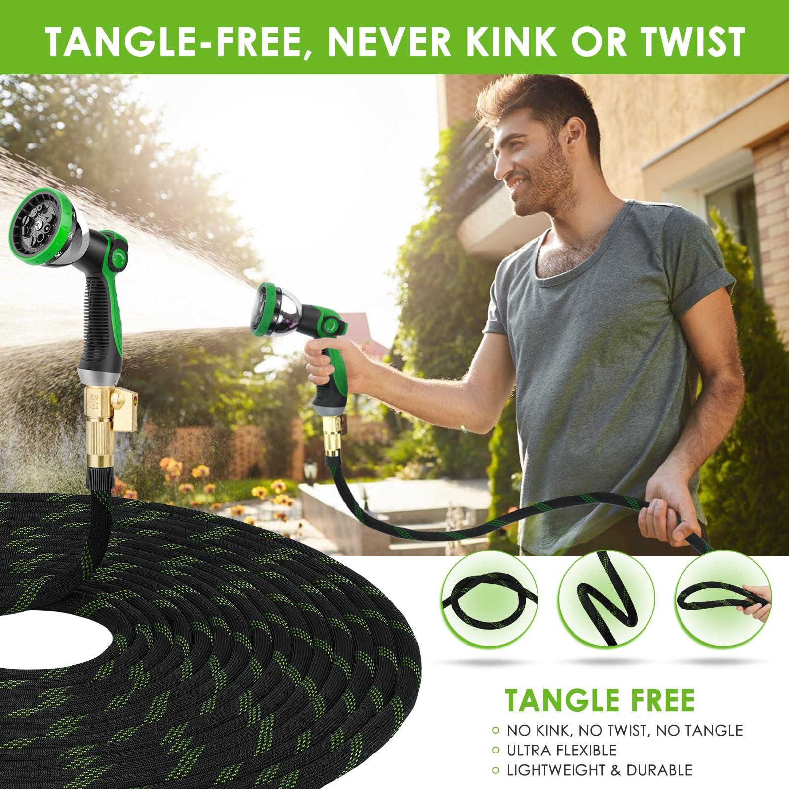 FlexiSolve Garden Hose 100 ft, NON-EXPANDABLE Ultra Lightweight & Flexible Water Hose With 10-Pattern Spray Nozzle, Kink-Resistant, Leak-Proof, 3750D High-Density Fabric & Shut-Off Valve, Hose Straps - Image 5
