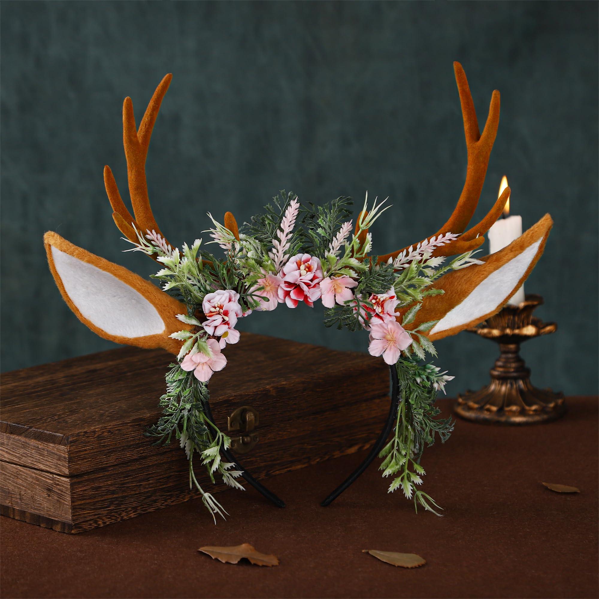 MOSTORY Handmade Antler Headband Brown - Adjustable Reindeer Horns Crown with Ears Fairy Flower Woodland Headpiece for Renaissance Christmas Cosplay Prom Fae Ball Costume Photo Prop - Image 6
