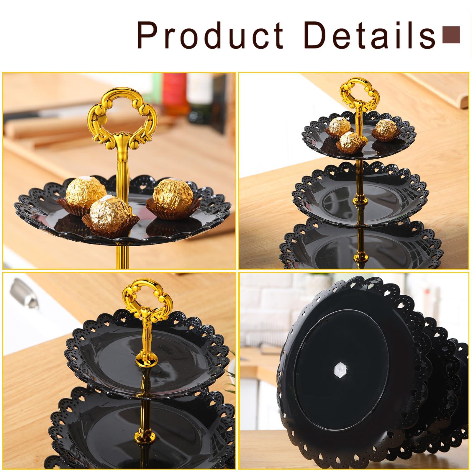 9 Pcs Black Cupcake Display Set Includes 6 Rectangle Cupcake Stand and 3 Pcs Round 3-Tier Serving Tray Dessert Stand for Wedding Birthday Party Baby Shower(Flower Style) - Image 4