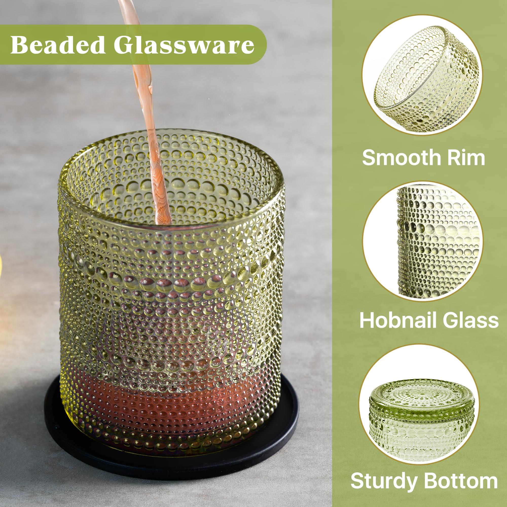 DmmyAlzx Hobnail Drinking Glasses Set of 12 Count, Vintage Glassware, Old Fashioned Glasses, 6 Highball Bubble Drinking Cups 15 oz, 6 Rocks Cups 14.5 oz with 12 Silicone Coasters, Green - Image 6