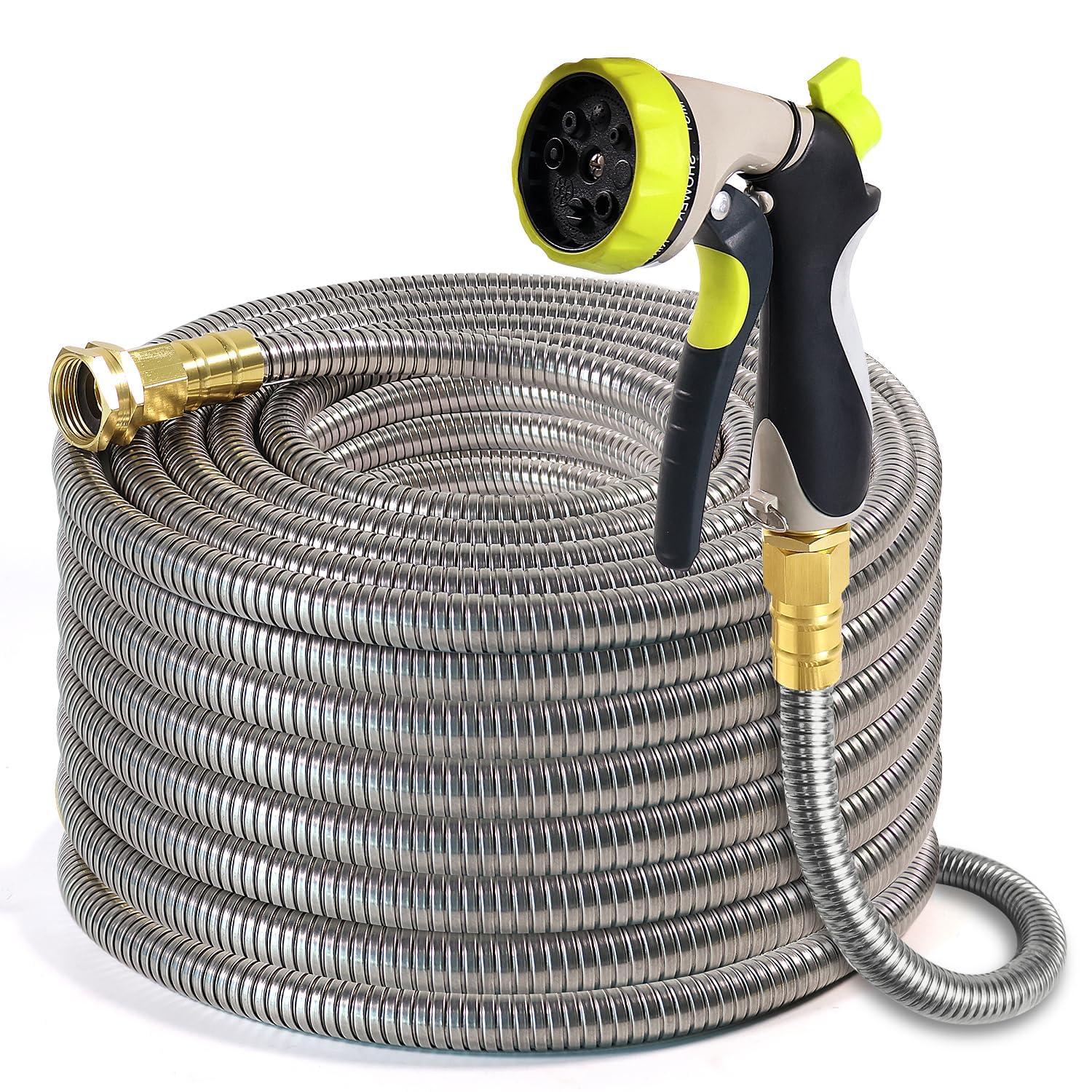Holldoor Metal Garden Hose 50 ft – 304 Stainless Steel Water Hose with Nozzle Sprayer, Garden Hoses Flexible, Lightweight, No Kink, Heavy Duty for Outdoor (50 ft)