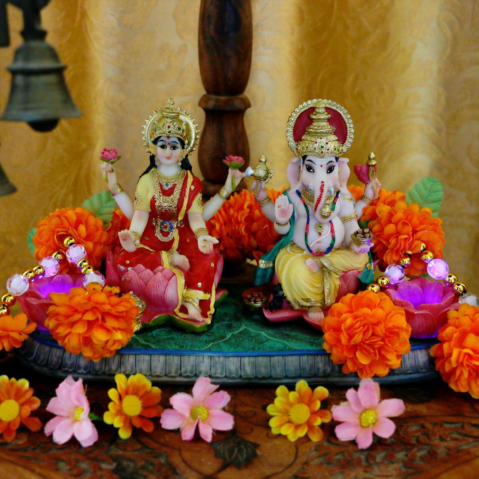 Indian God Ganesha Lakshmi Statue - 5.3”H Indian Idol Laxmi Ganesh with LED Diyas for Diwali Gifts Decor Home Office Mandir Temple Altar Puja Item Hindu Murti Pooja Sculpture - Image 5