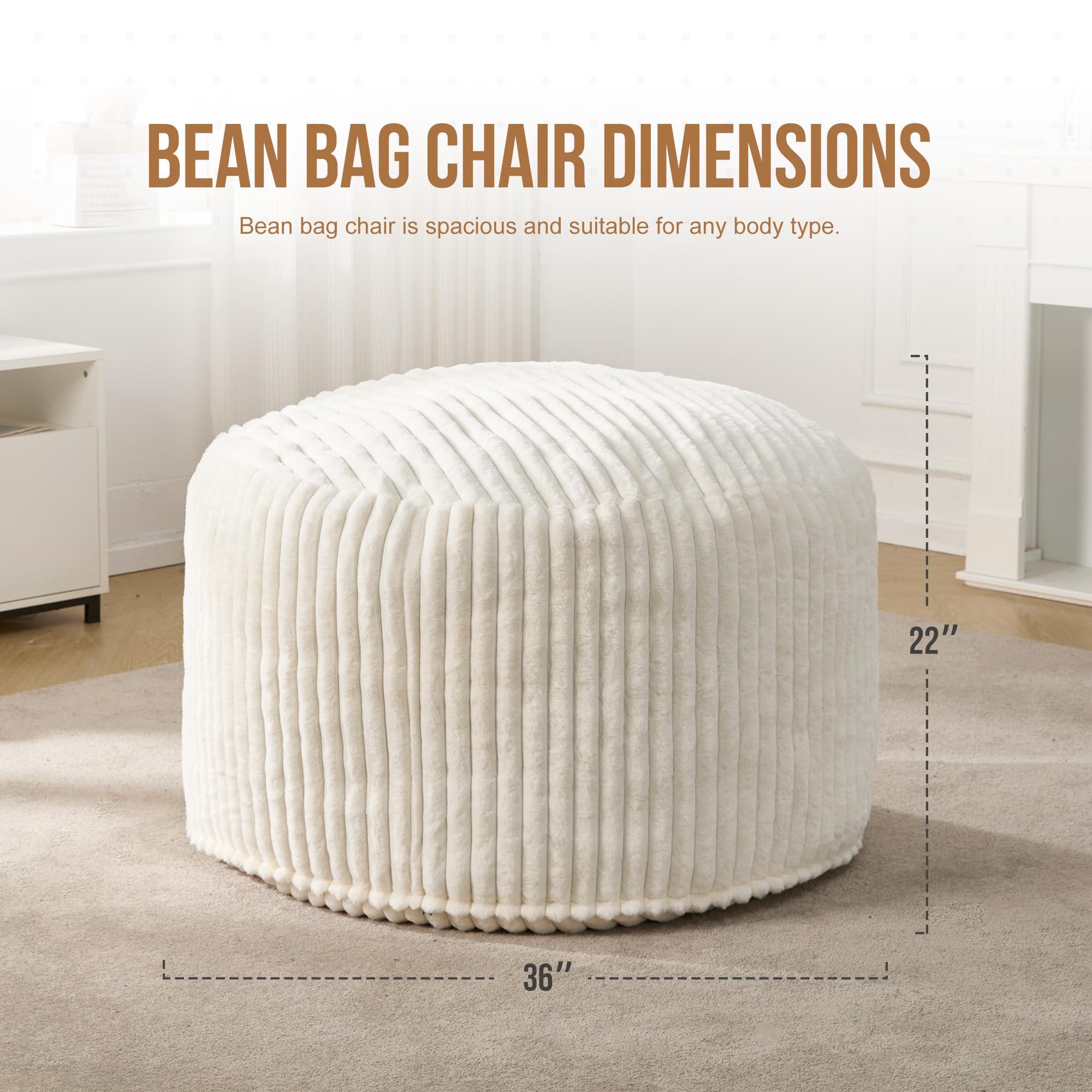 Hobestluk 3ft Bean Bag Chairs for Adults Large Beanbag Chair with Stripe Plush Cover Big Bean Bag Chair for Living Room Bedroom Dorm Office - White (36” x 36” x 22”) - Image 2