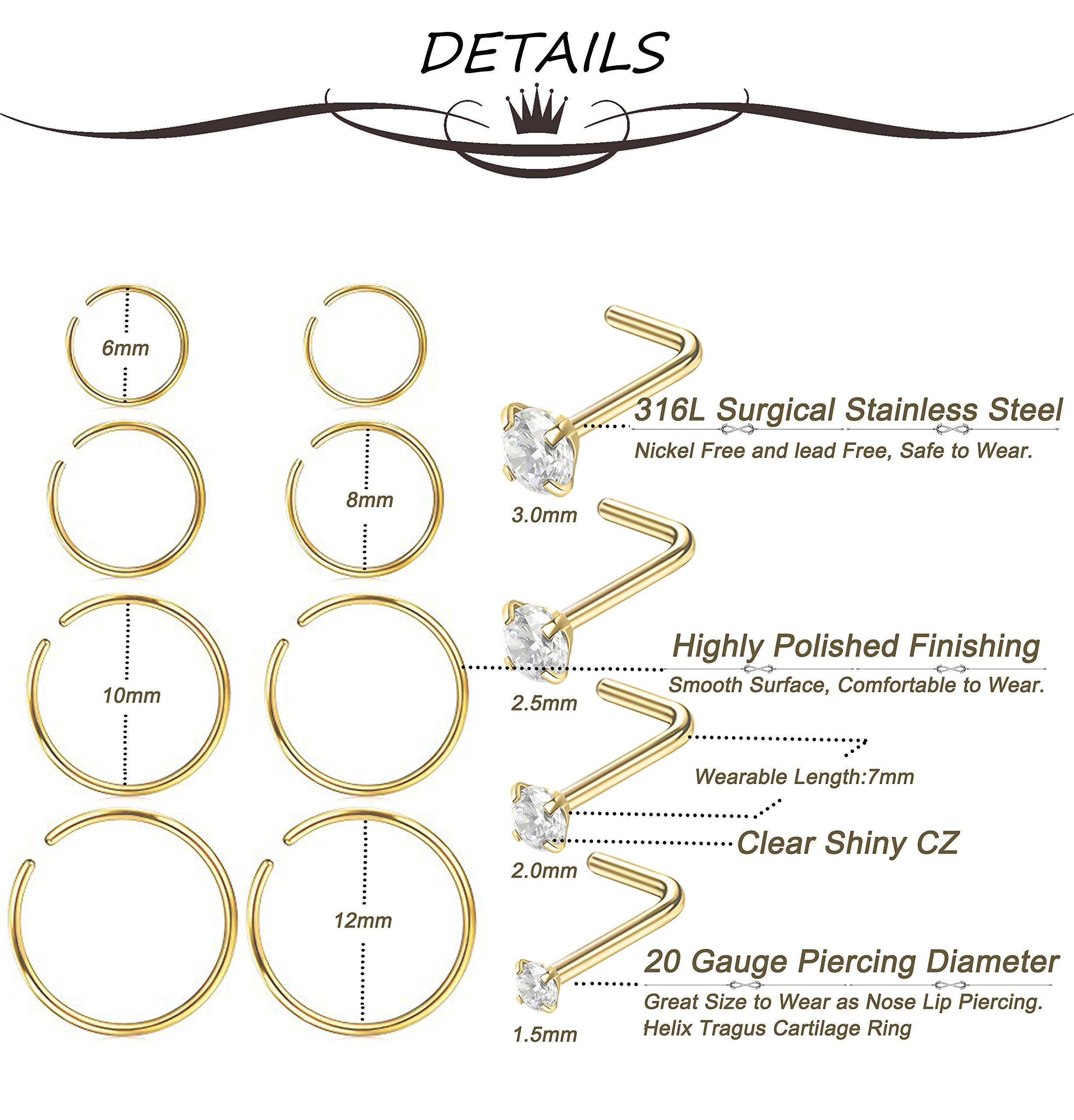 Masedy Nose Rings 12Pcs 20G 316L Stainless Steel L Shaped Nose Studs Cartilage Tragus Septum Piercing 6-12MM - Image 3